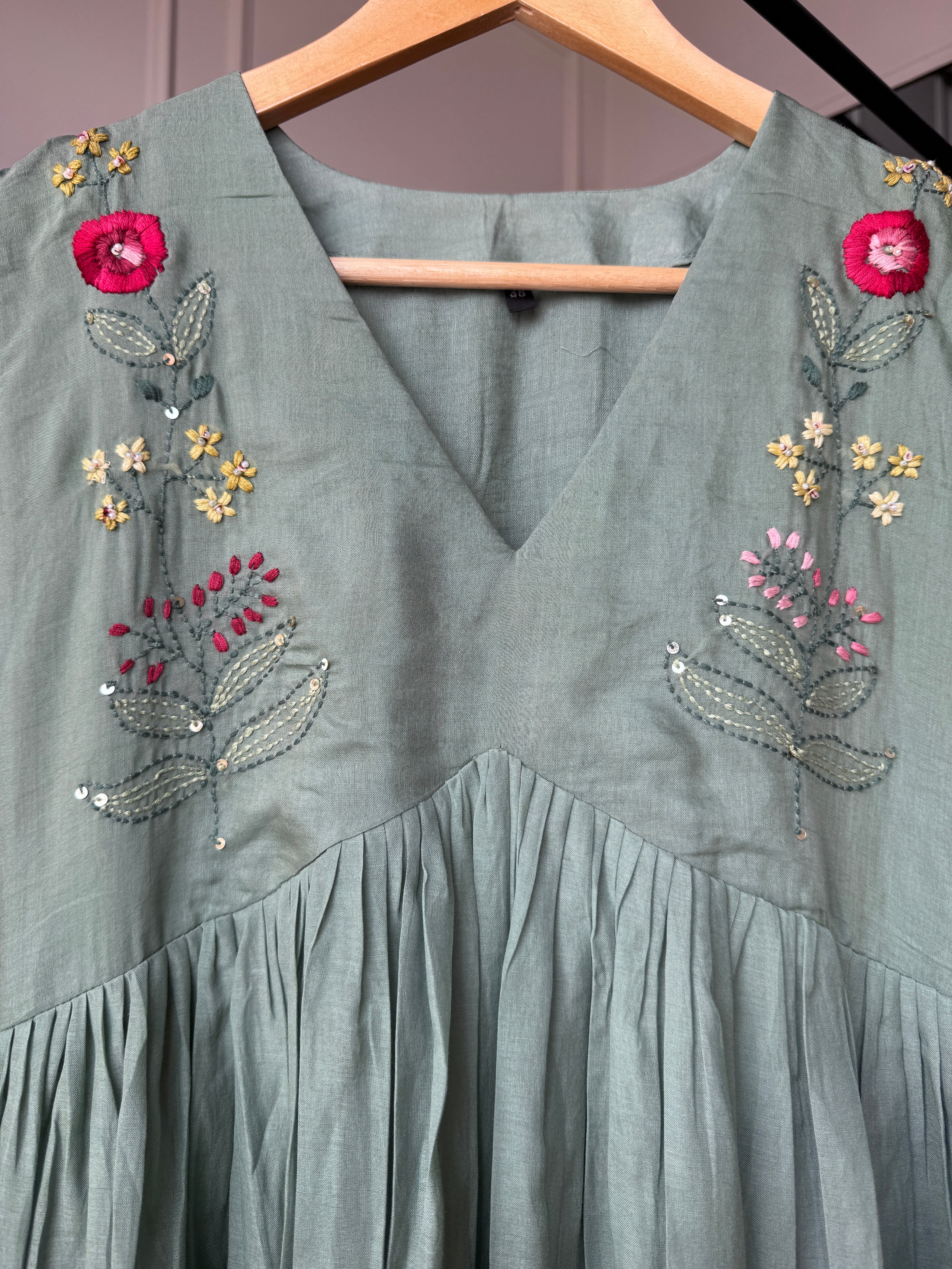 Shrishti Embroided Mul Chanderi Dress- Rama Green