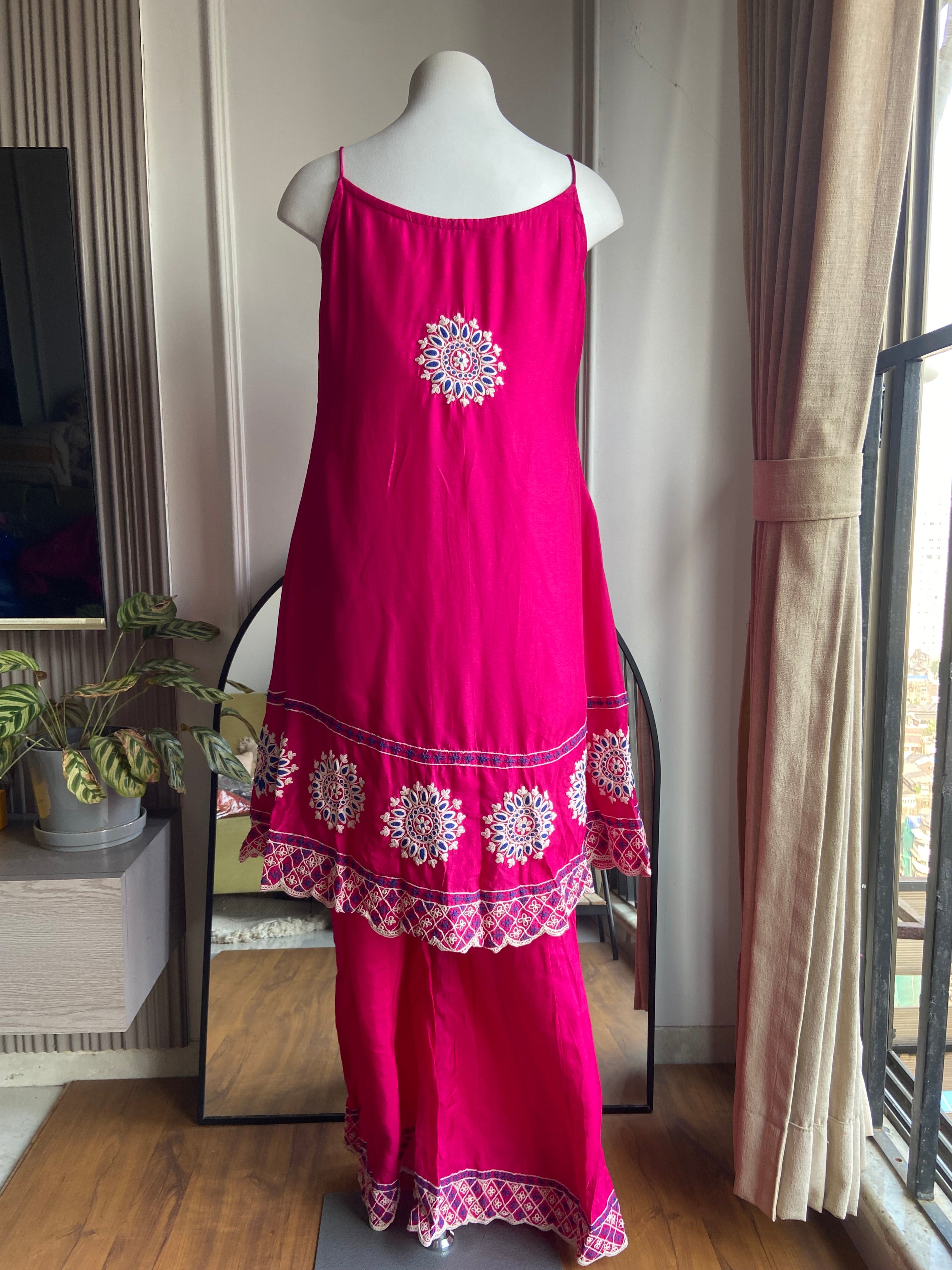 Pari singlet Aline embroidered plazzo dress- Rani Pink