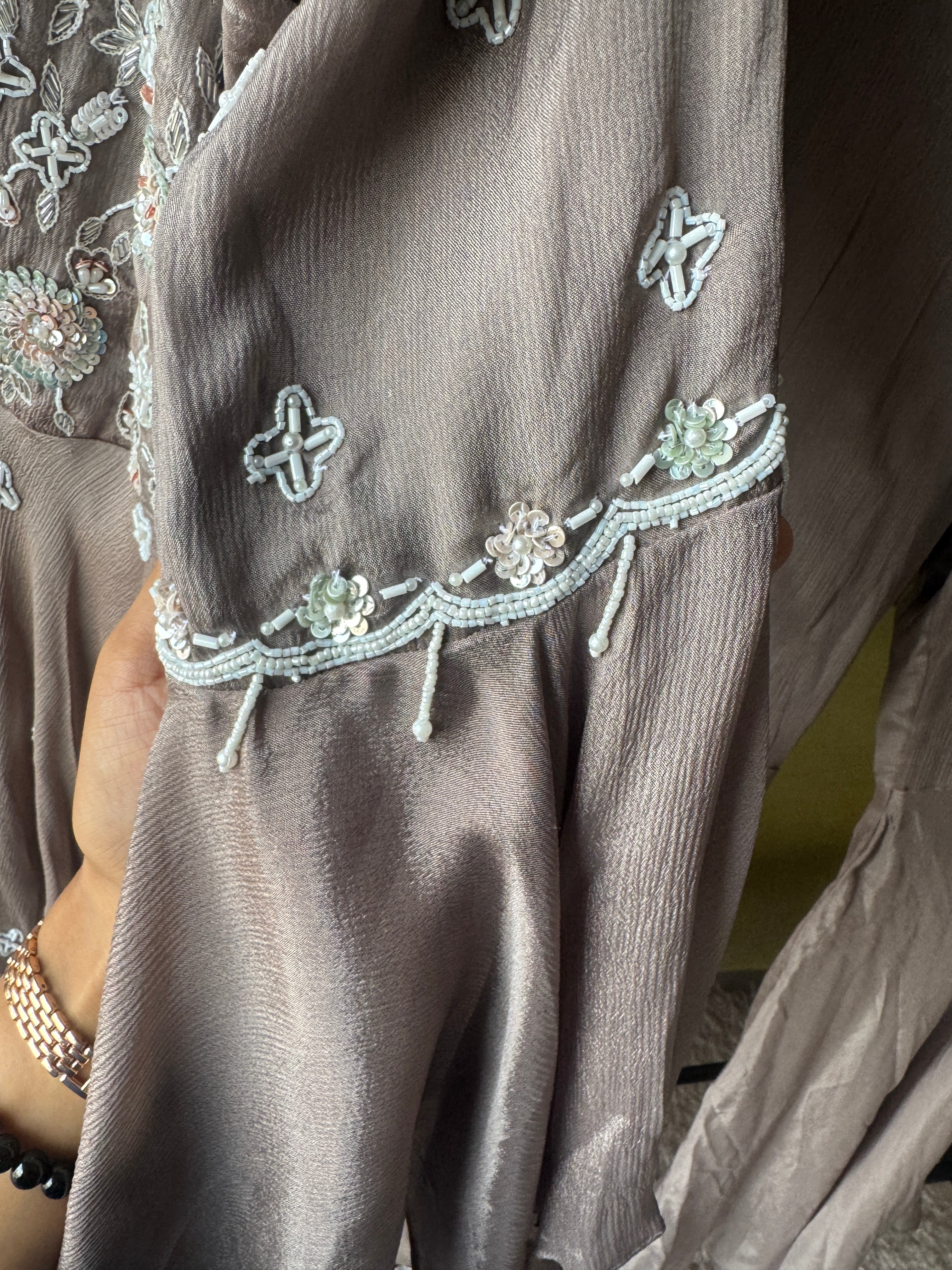 Sharvari hand work asymmetrical kurta with bell bottom pants (Make to Order)