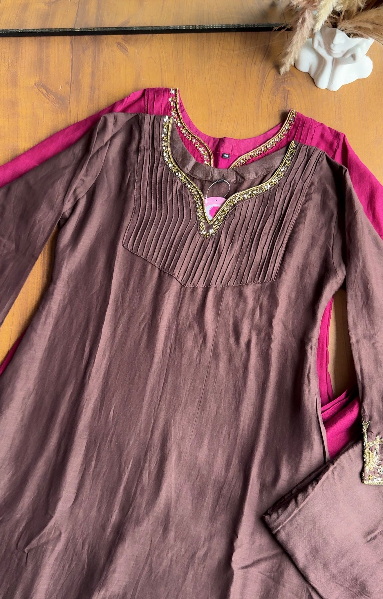 Dimple Pleated Yoke Aline Hand Work Dress- Brown 🤎