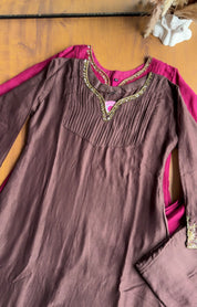 Dimple Pleated Yoke Aline Hand Work Dress- Brown 🤎