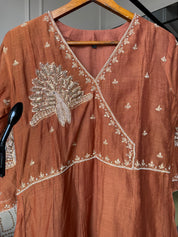 Kiran Handwork Mul Chanderi Anarkali Dress- Rust