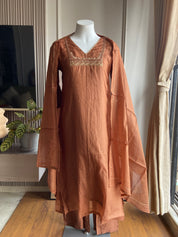 Aastha box neck  mul Chanderi dress-burnt orange