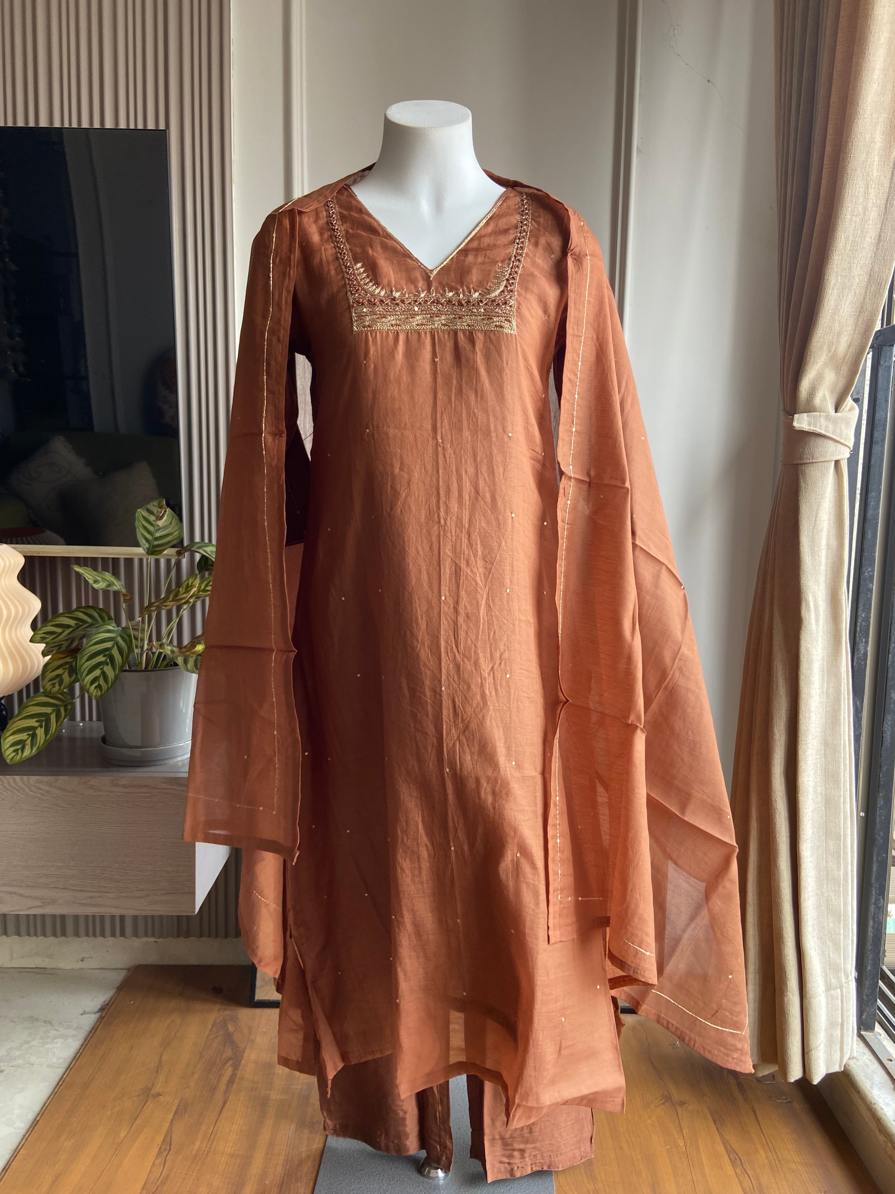 Aastha box neck  mul Chanderi dress-burnt orange