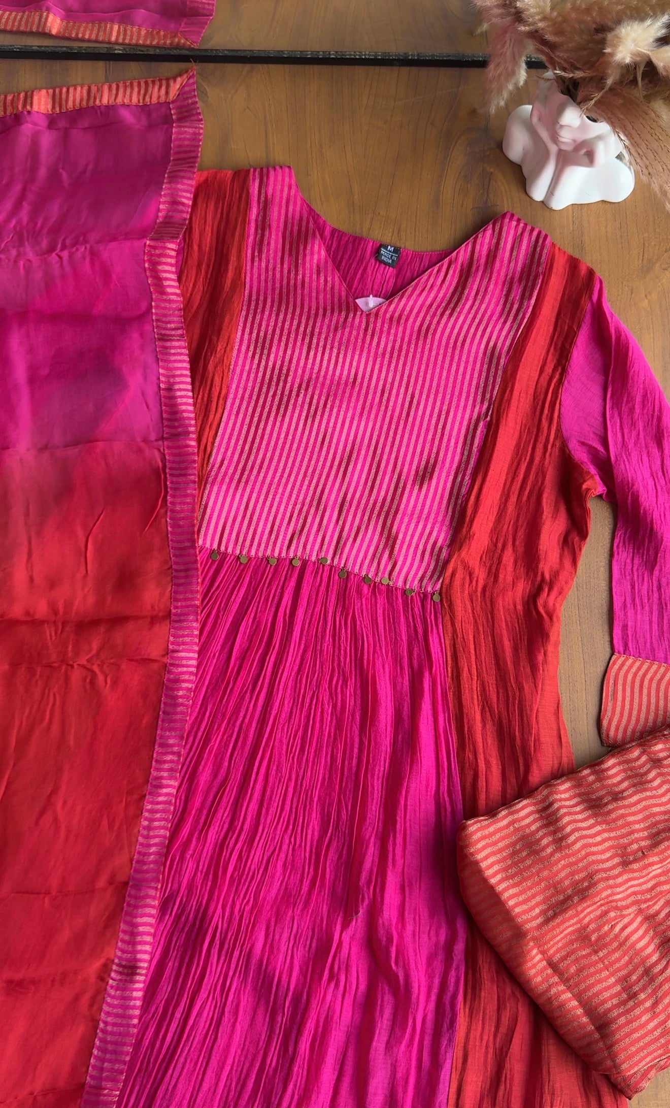 Rutvi Contrast Tissue And Mul Chanderi Dress - Rust ❣️