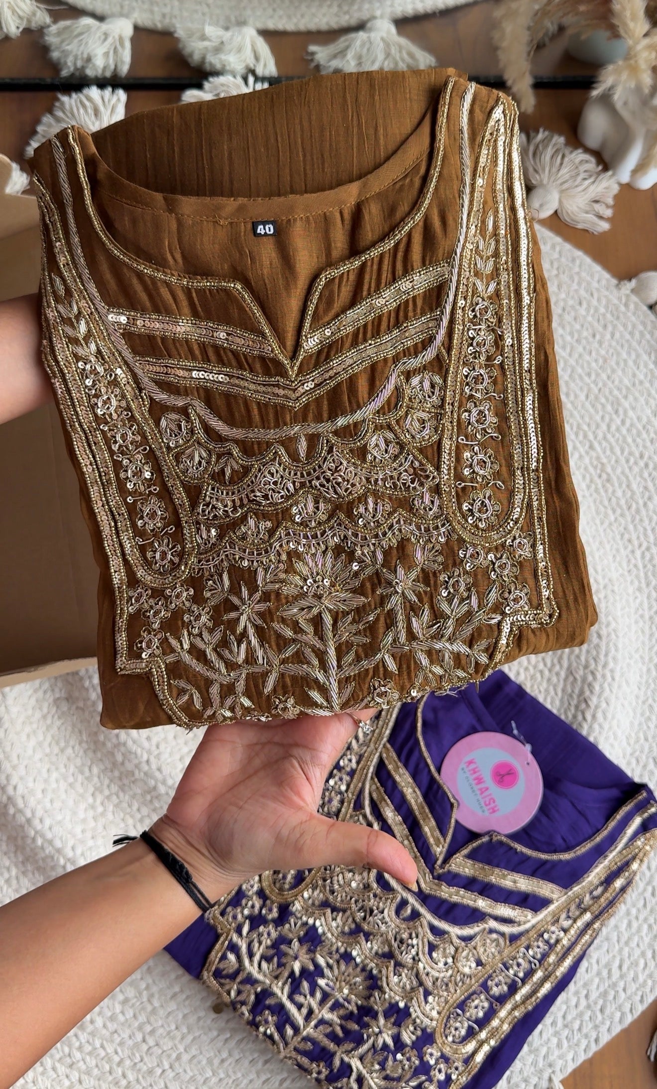 Simran Hand Zardosi Tissue And Mul Chanderi Aline Dress- Mehndi Green
