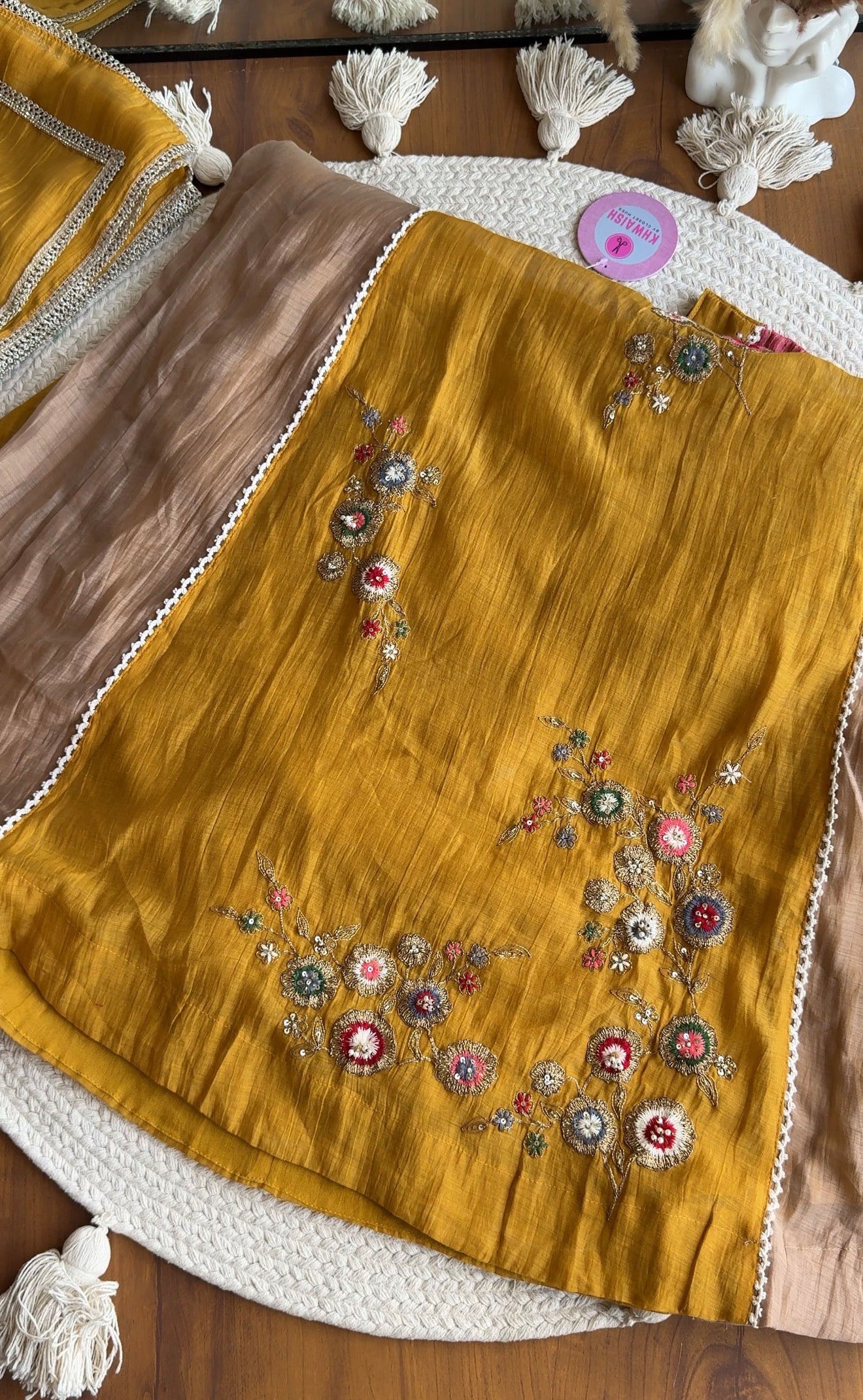 Geet  Contrast Panel Embroidered Dress-Yellow