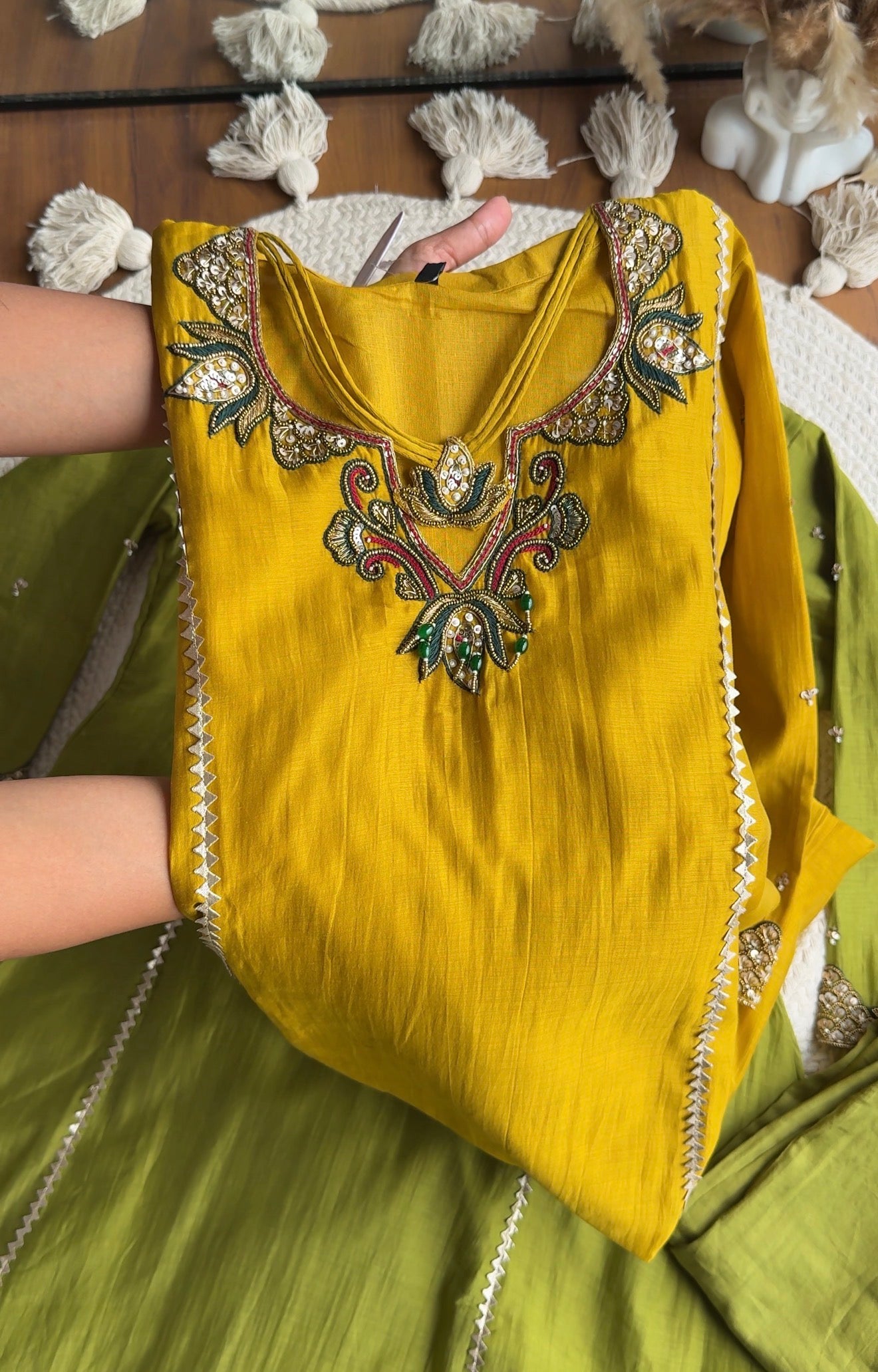 Pooja Necklaces Mul Chanderi Dress- Yellow