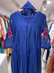 Kumkum Embroided Mul Chanderi Anarkali- Blue