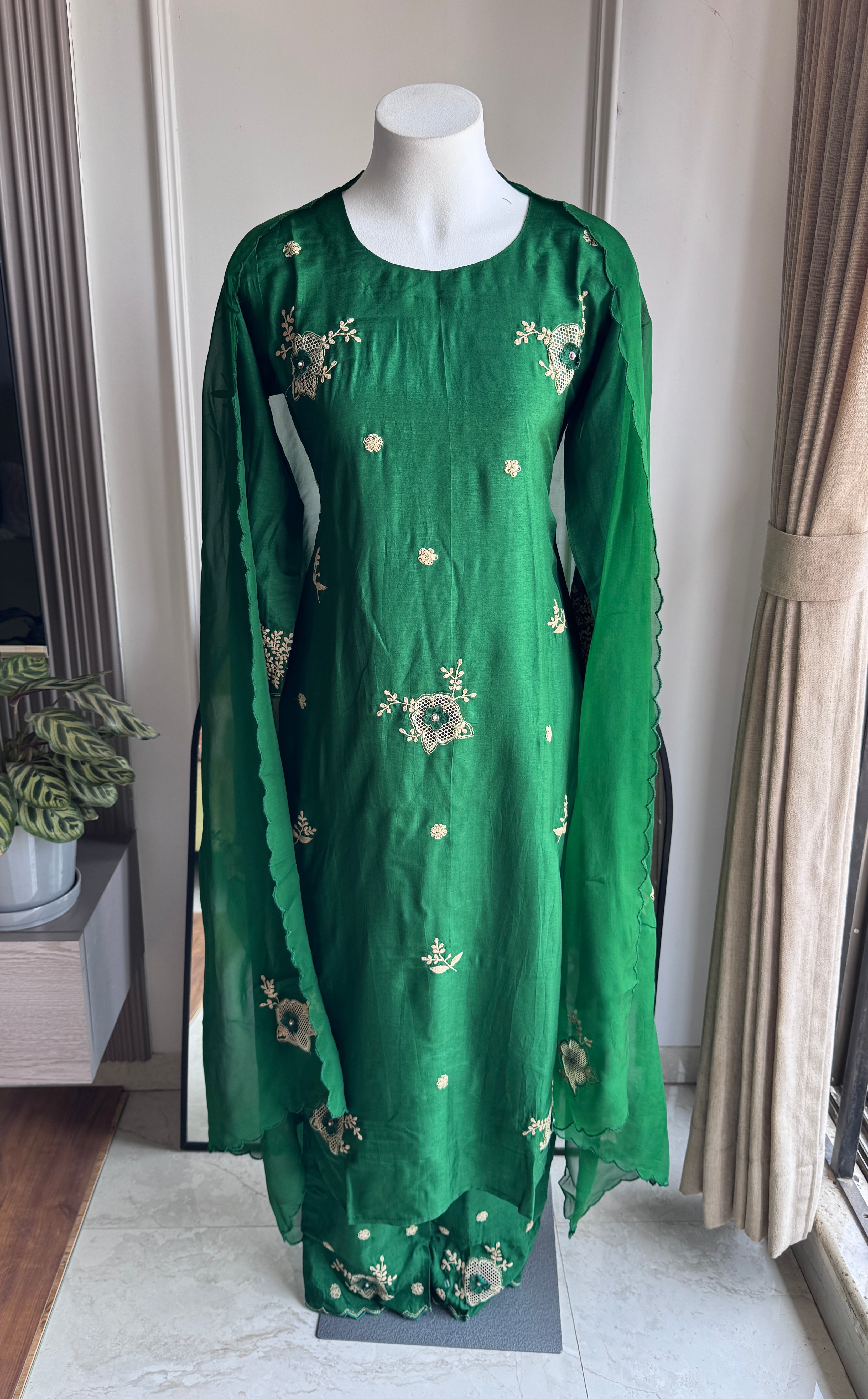 Parvi Patchwork Straight Cut Dress-Green