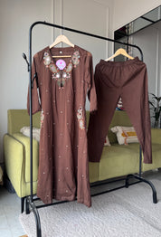 Mannat Pocket Embroided Mul Cotton Dress- Brown