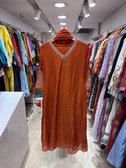 Tiya Mul Chanderi Handwork Dress- Rust