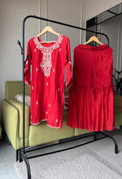 Rajvi Handwork Short Kurta With Plazzo Set-Rust