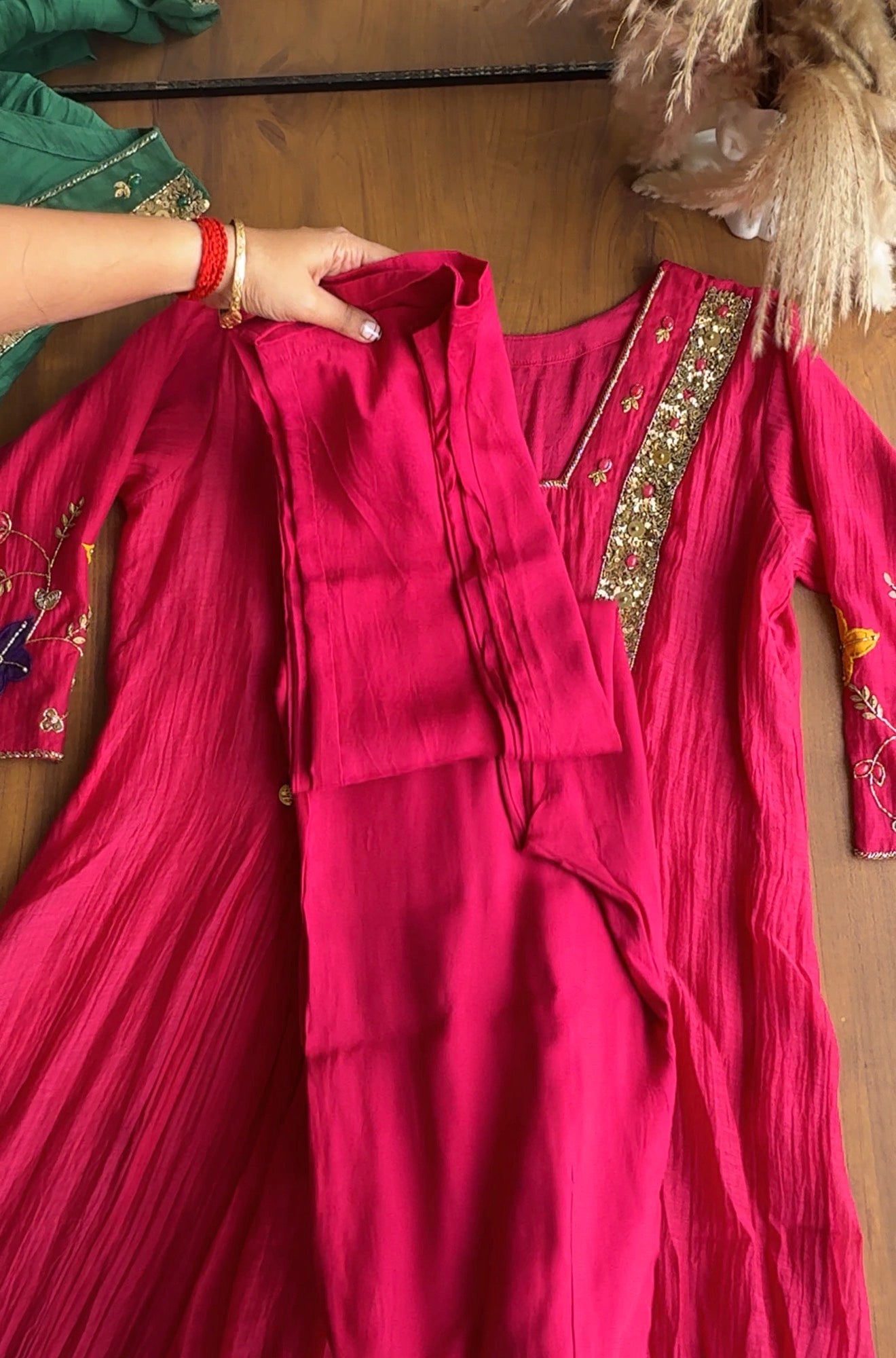 Janki Box Neck Handwork Dress- Pink