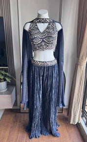 Sana halter neck blouse with palazzo and choker dupatta - Blueish Grey