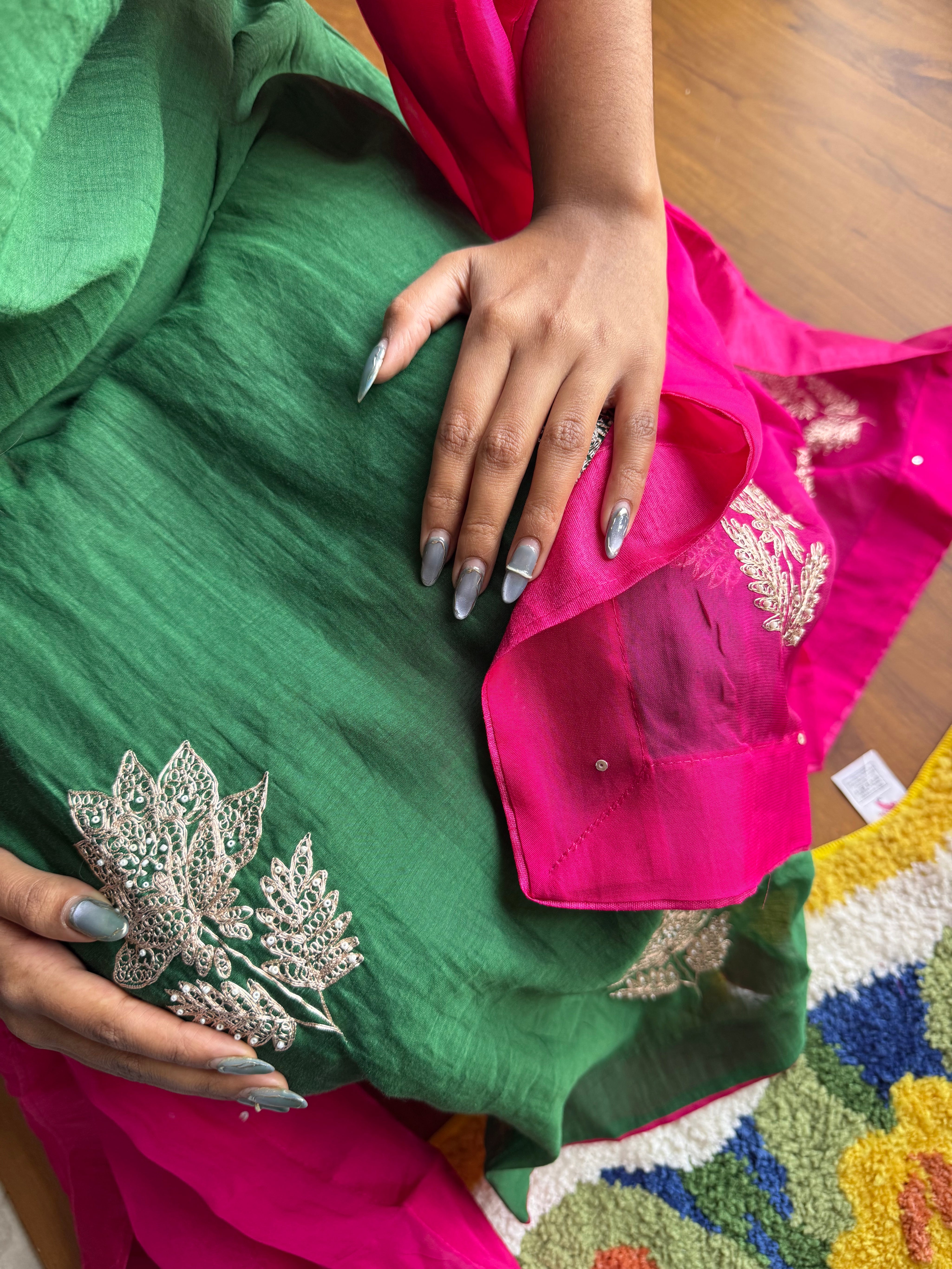 Charvi Contrast Dupatta Mul Chanderi Dress- Bottle Green