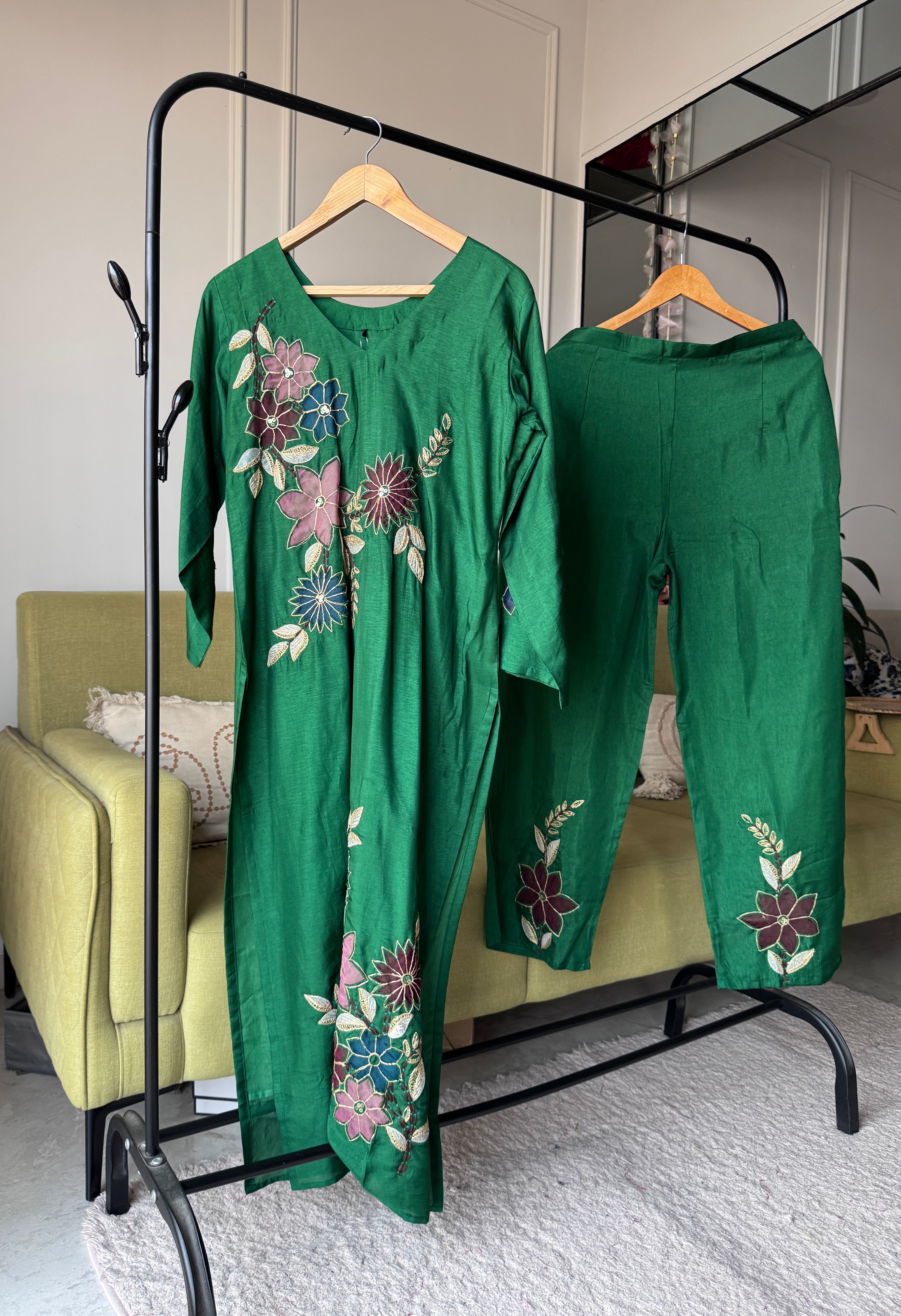 Kriti Russian Silk Embroided Dress- Green