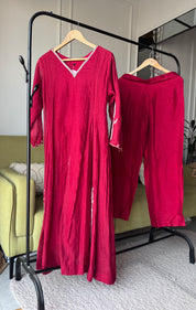 Naina Handwork Mul Chanderi Dress- Maroon