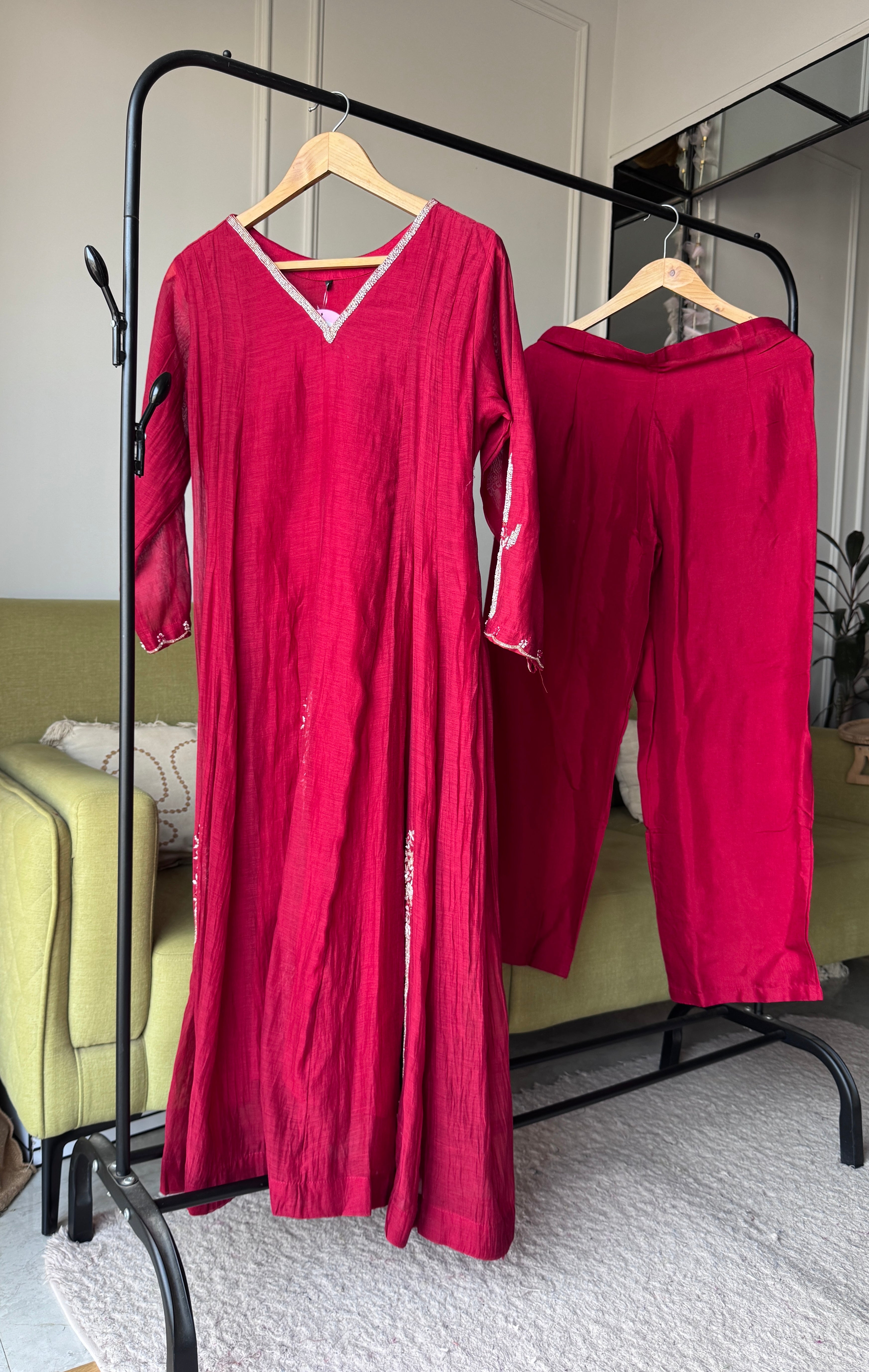 Naina Handwork Mul Chanderi Dress- Maroon