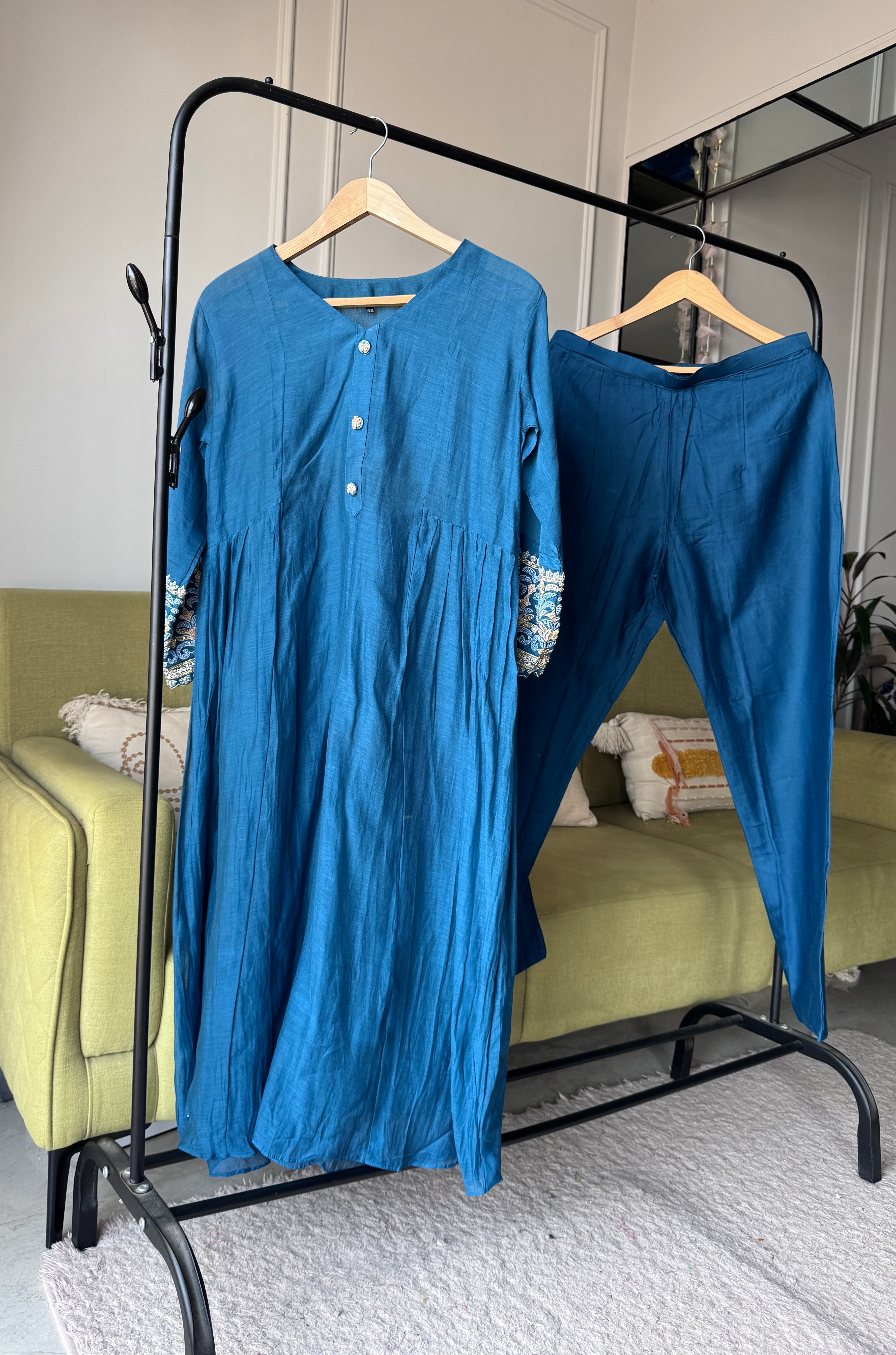 Shreya Sleeves Handwork Mul Chanderi Dress- Blue