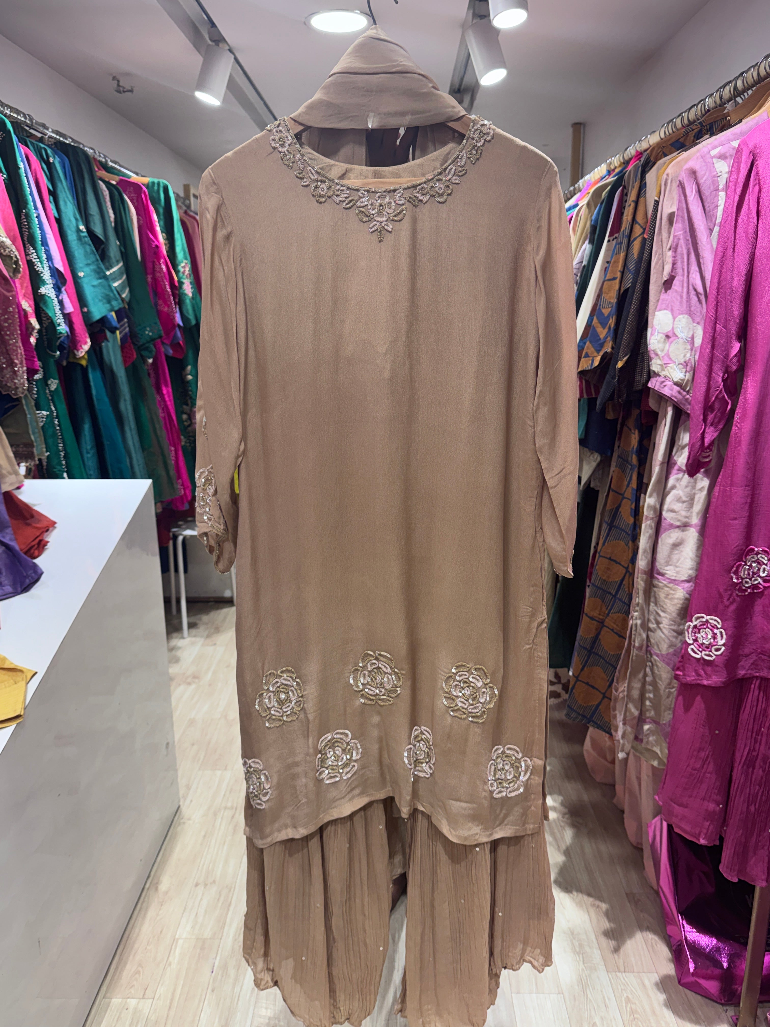 Esha Handwork Short Kurta Sharara Dress-Beige (Make to Order)