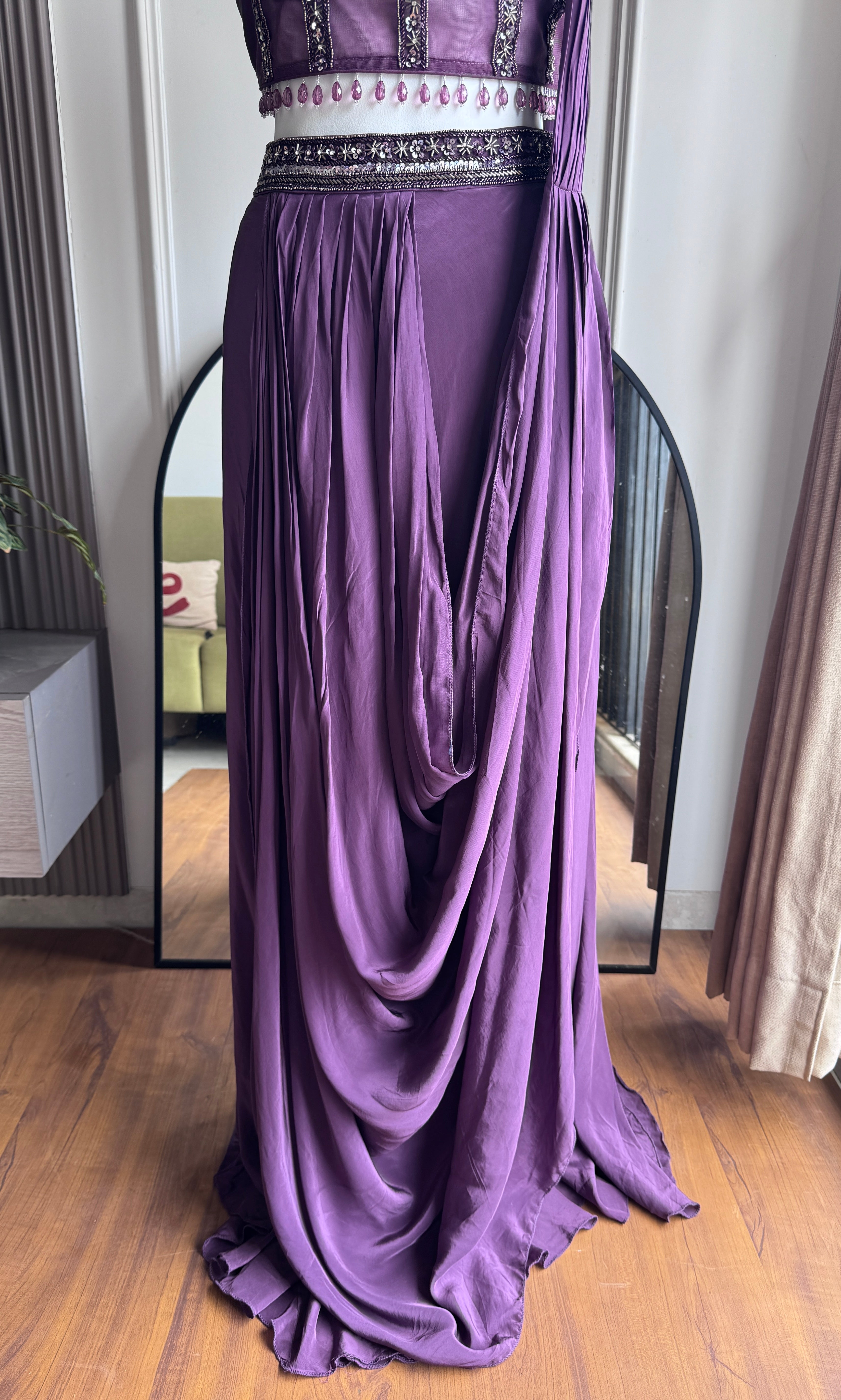 Lata Handwork Drape Saree Set- Wine