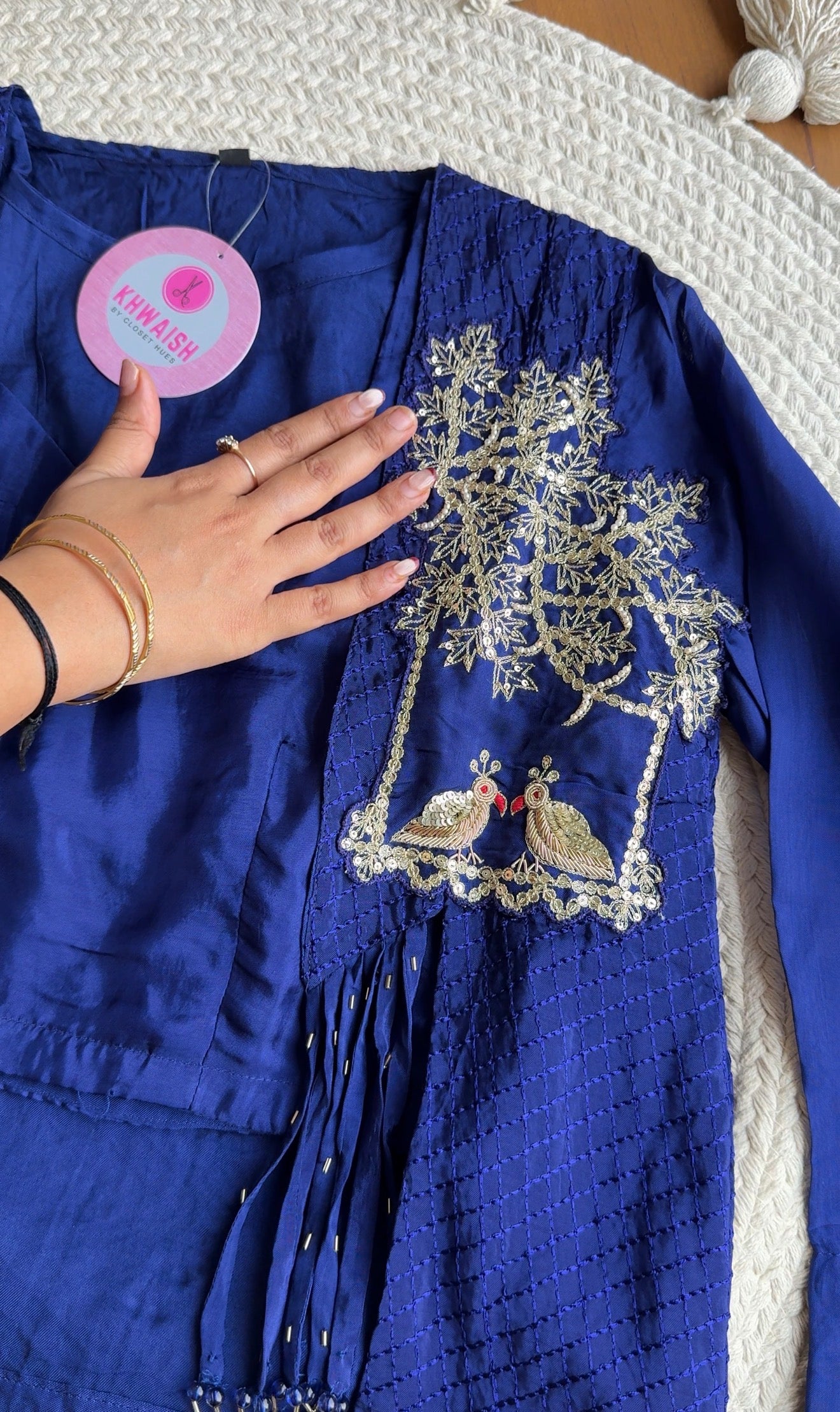 Yashasvi Crop Top With Fringe Jacket And Plazzo- Blue