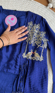 Yashasvi Crop Top With Fringe Jacket And Plazzo- Blue