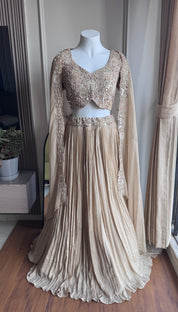 Jannat padded blouse with Lehenga and cape(Make to Order)- Champagne Beige