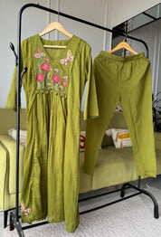 Mishika Embroided Aline Mul Cotton Dress- Mehndi Green