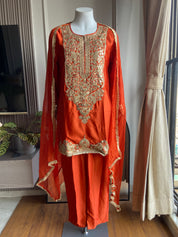 Sejal Machine Embroidery Dress- Rust