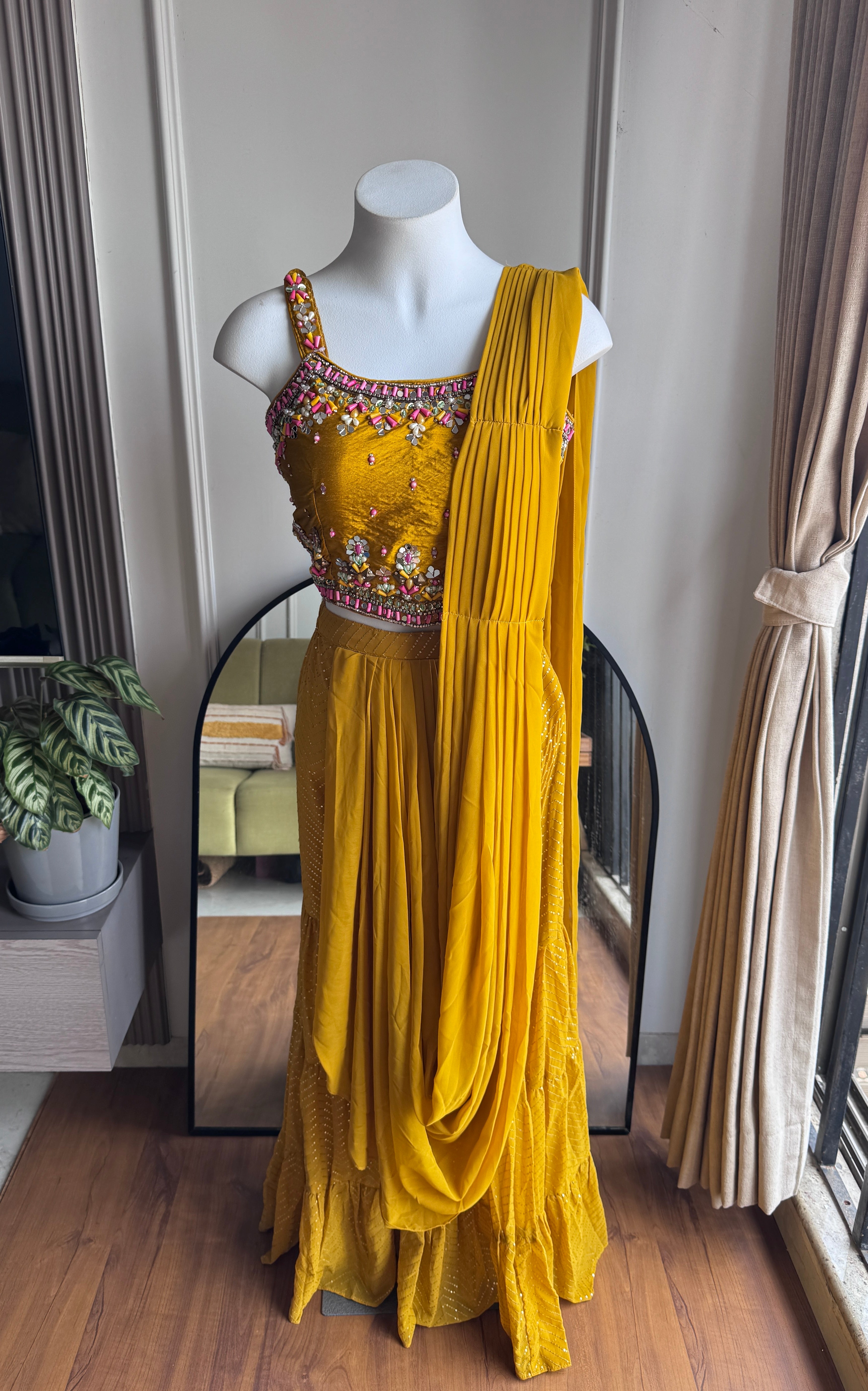 Sarthi Handwork Draped Sare  With Plazzo Set- Yellow