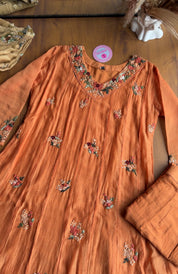 Kiran floral katha Mul Chanderi Anarkali Dress-Orange