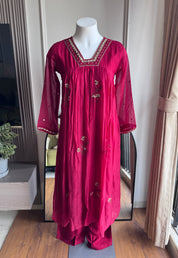 Nishtha Handwork Mul Chanderi Aline Dress- Maroon