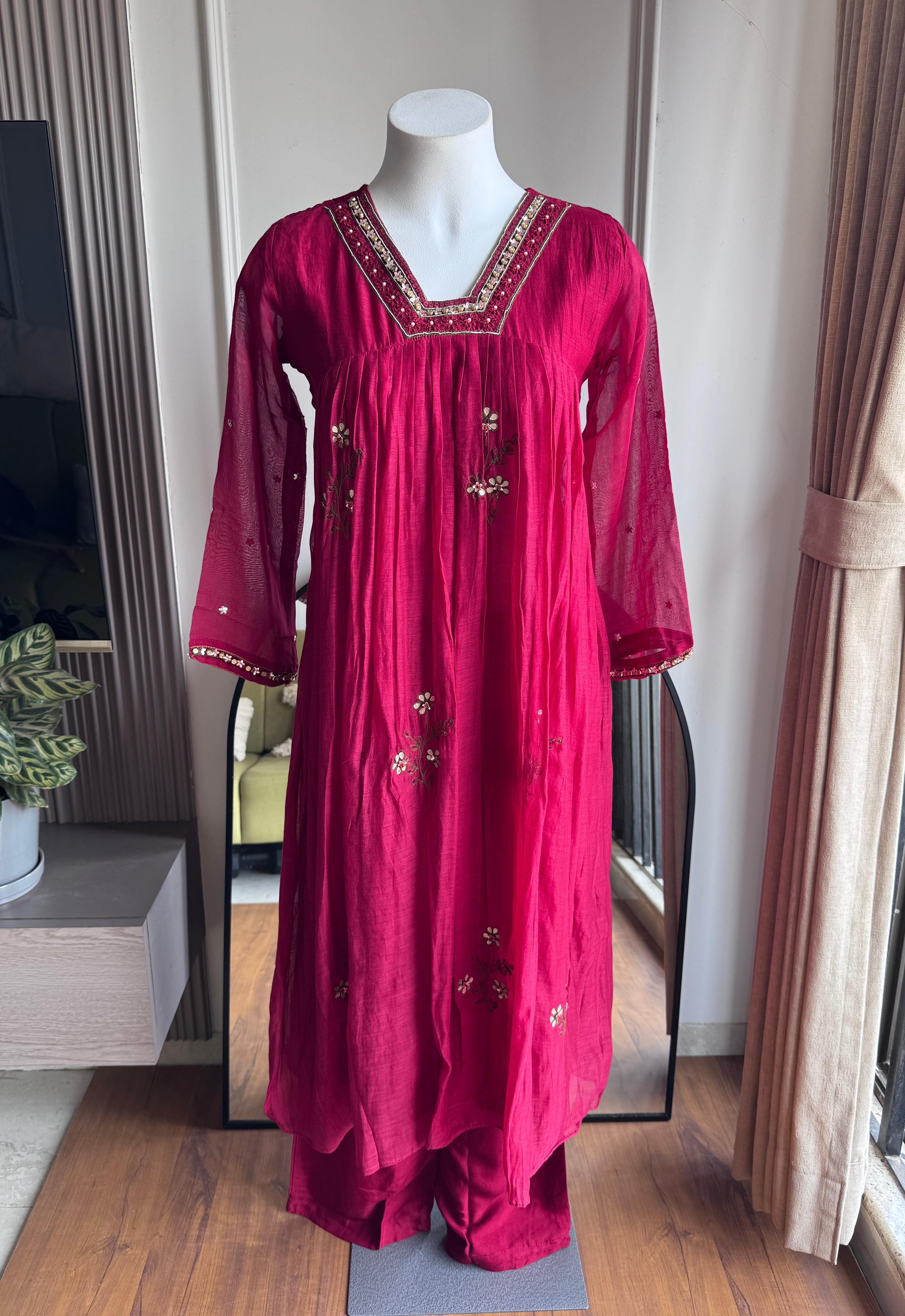 Nishtha Handwork Mul Chanderi Aline Dress- Maroon