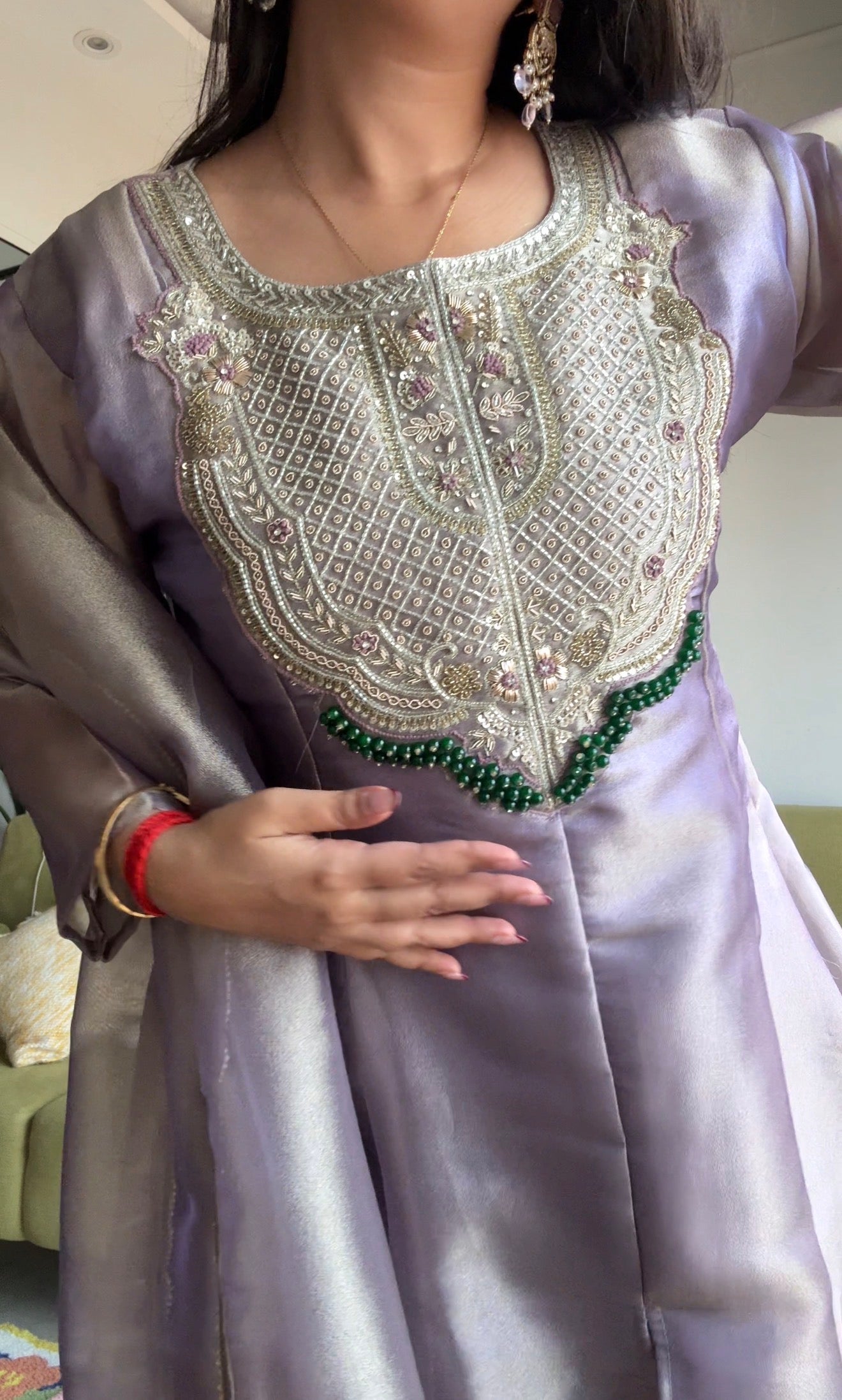 Shanaya Organza Emerald Necklaces Yoke Short Kurta With Plazzo- Lilac