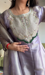 Shanaya Organza Emerald Necklaces Yoke Short Kurta With Plazzo- Lilac