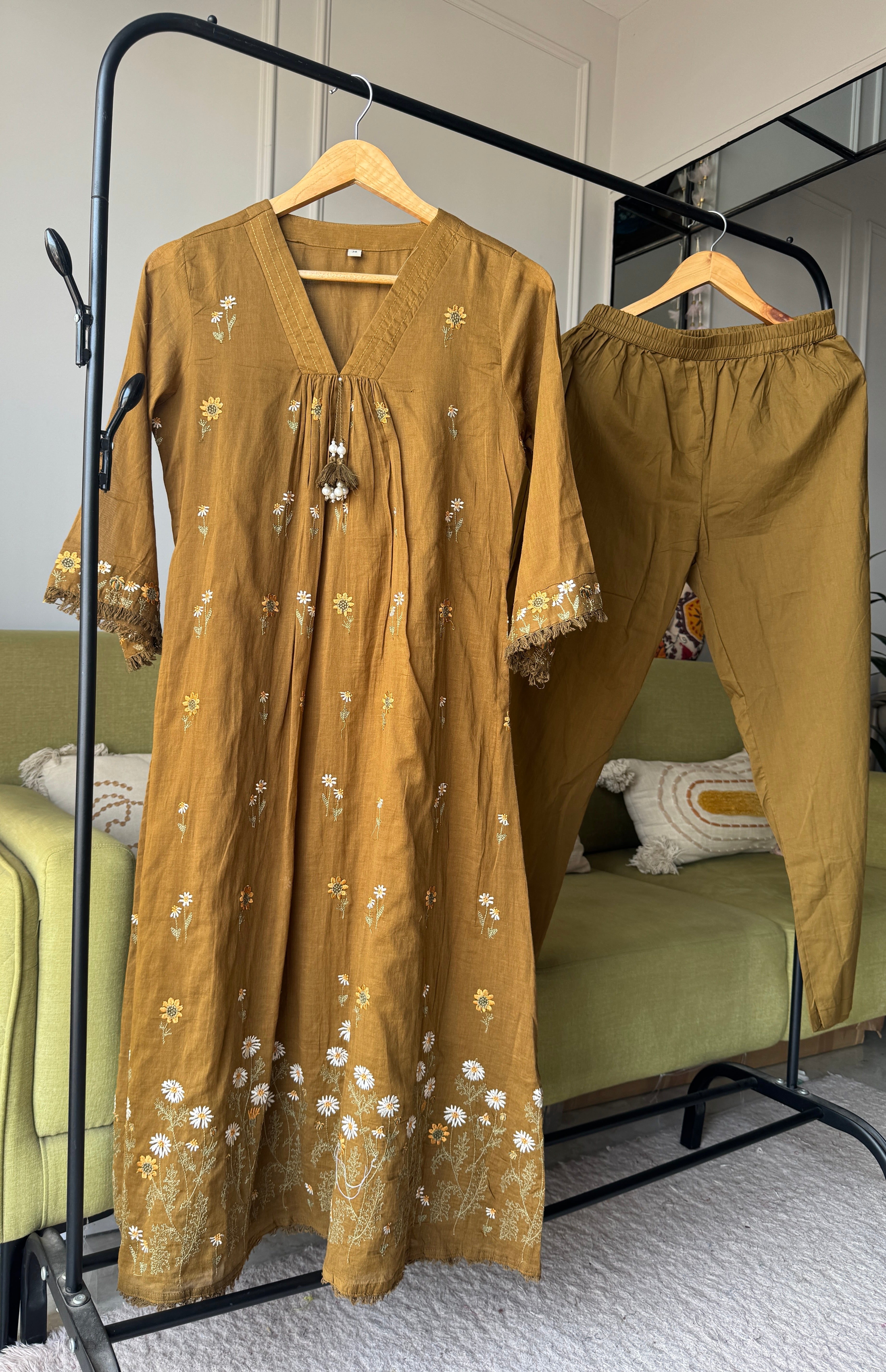 Leisha Embroided Aline Dress- Mehndi Green