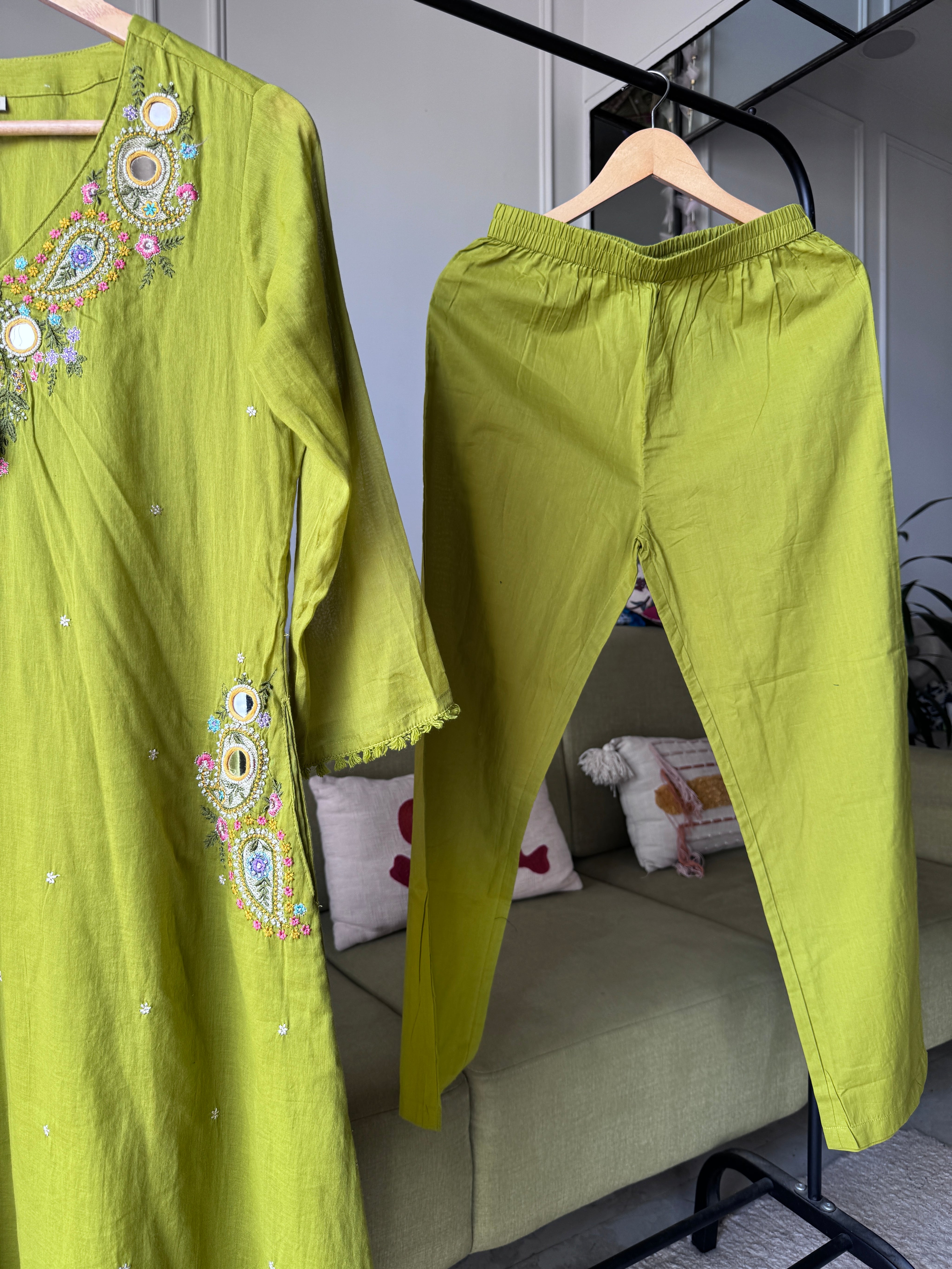 Mannat Pocket Embroided Mul Cotton Dress-Pista Green