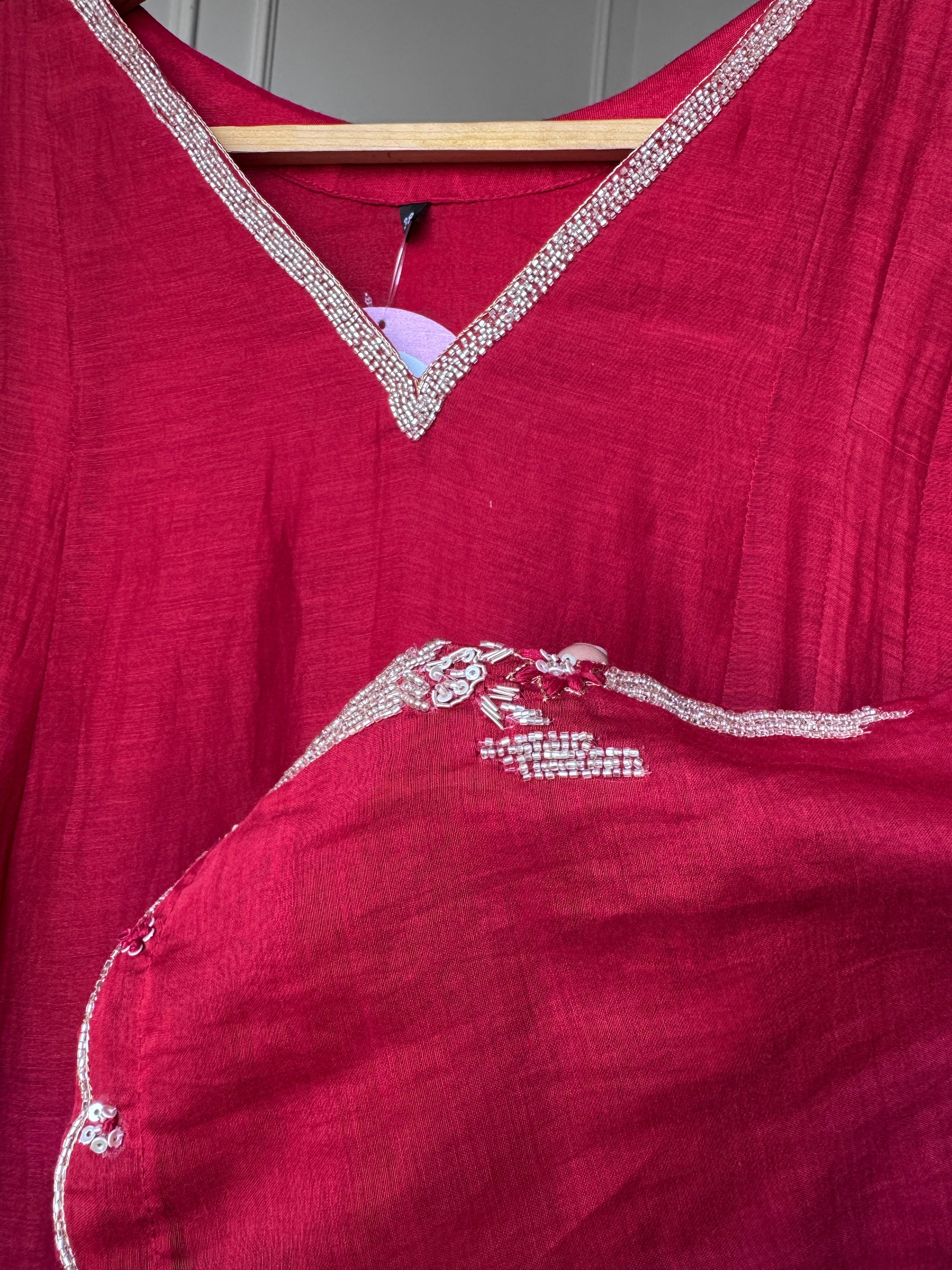 Naina Handwork Mul Chanderi Dress- Maroon