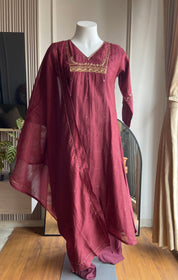 Aastha box neck mul Chanderi dress- Maroon