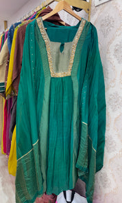 Jeevika Mul Chanderi Tissue Lining Dress- Green