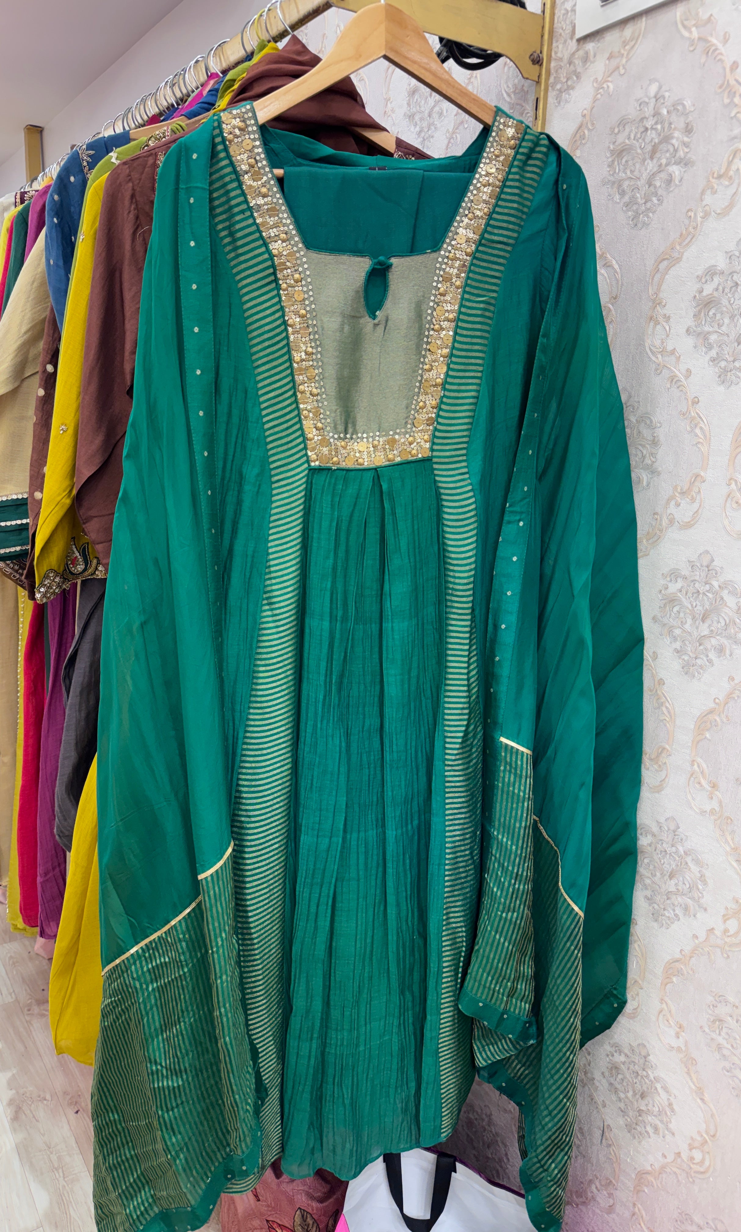 Jeevika Mul Chanderi Tissue Lining Dress- Green