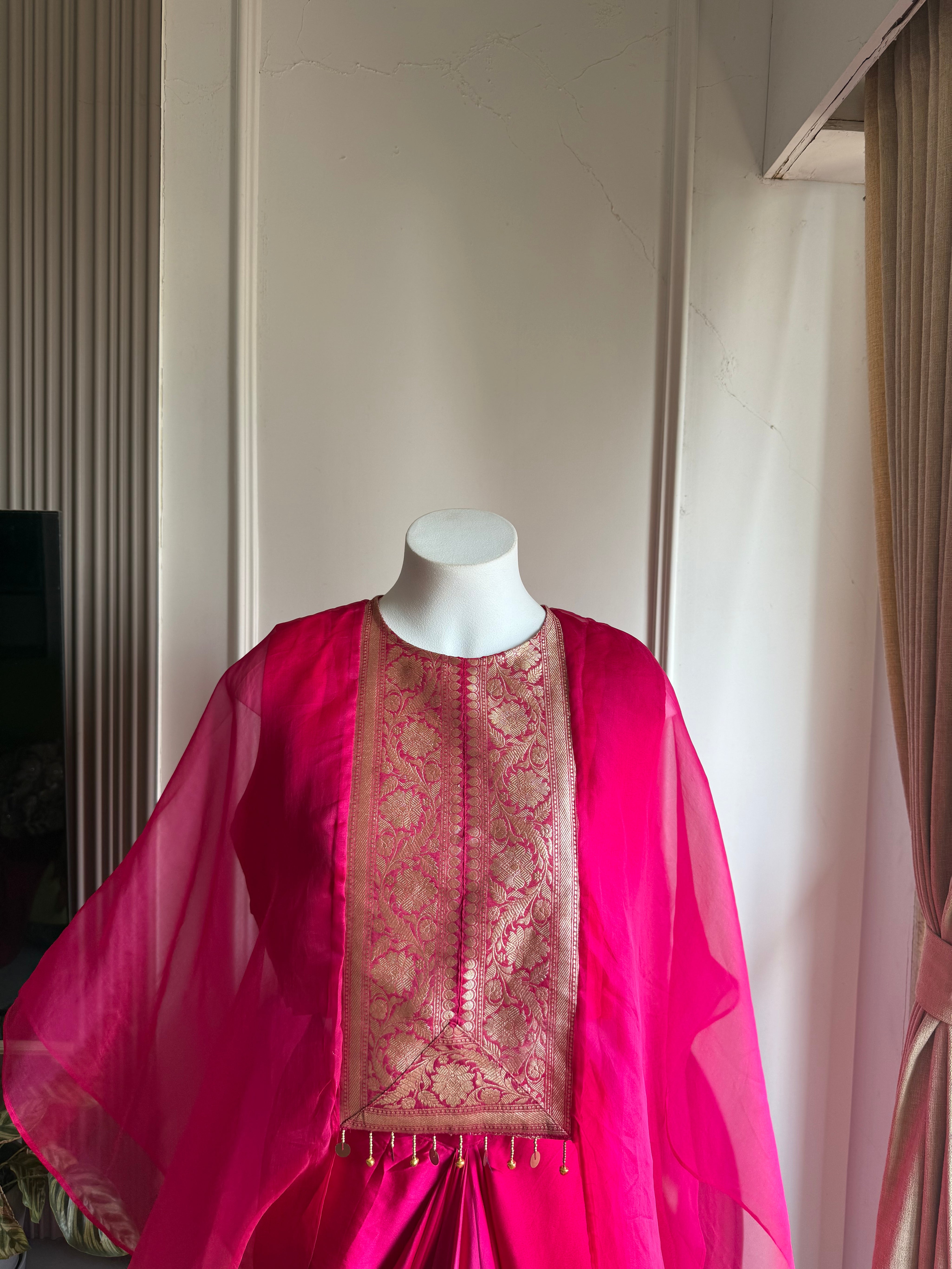 Damini Banarasi patchwork cape with blouse and omber skirt- Rani Pink