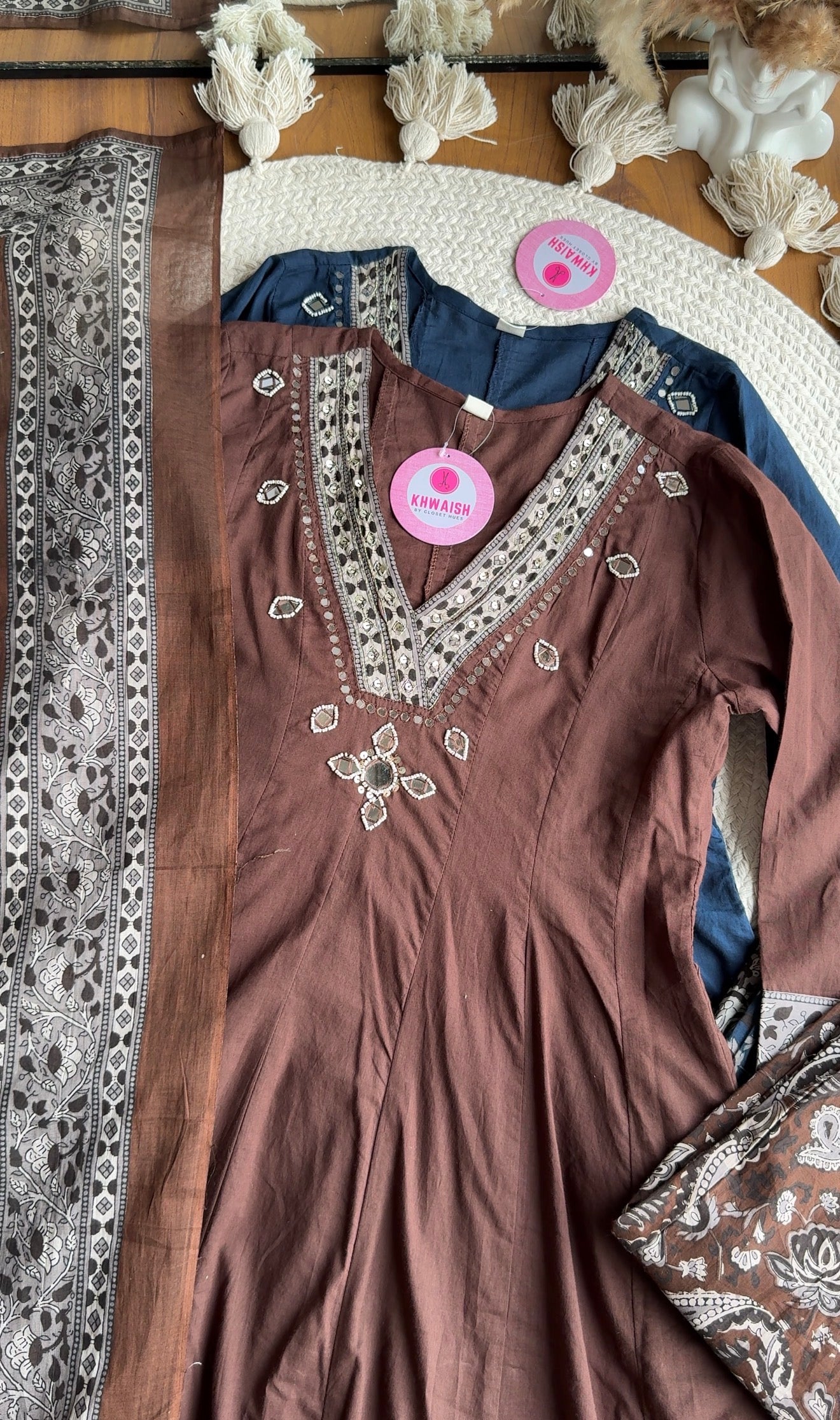 Gauri V Neck Anarkali Dress-Brown