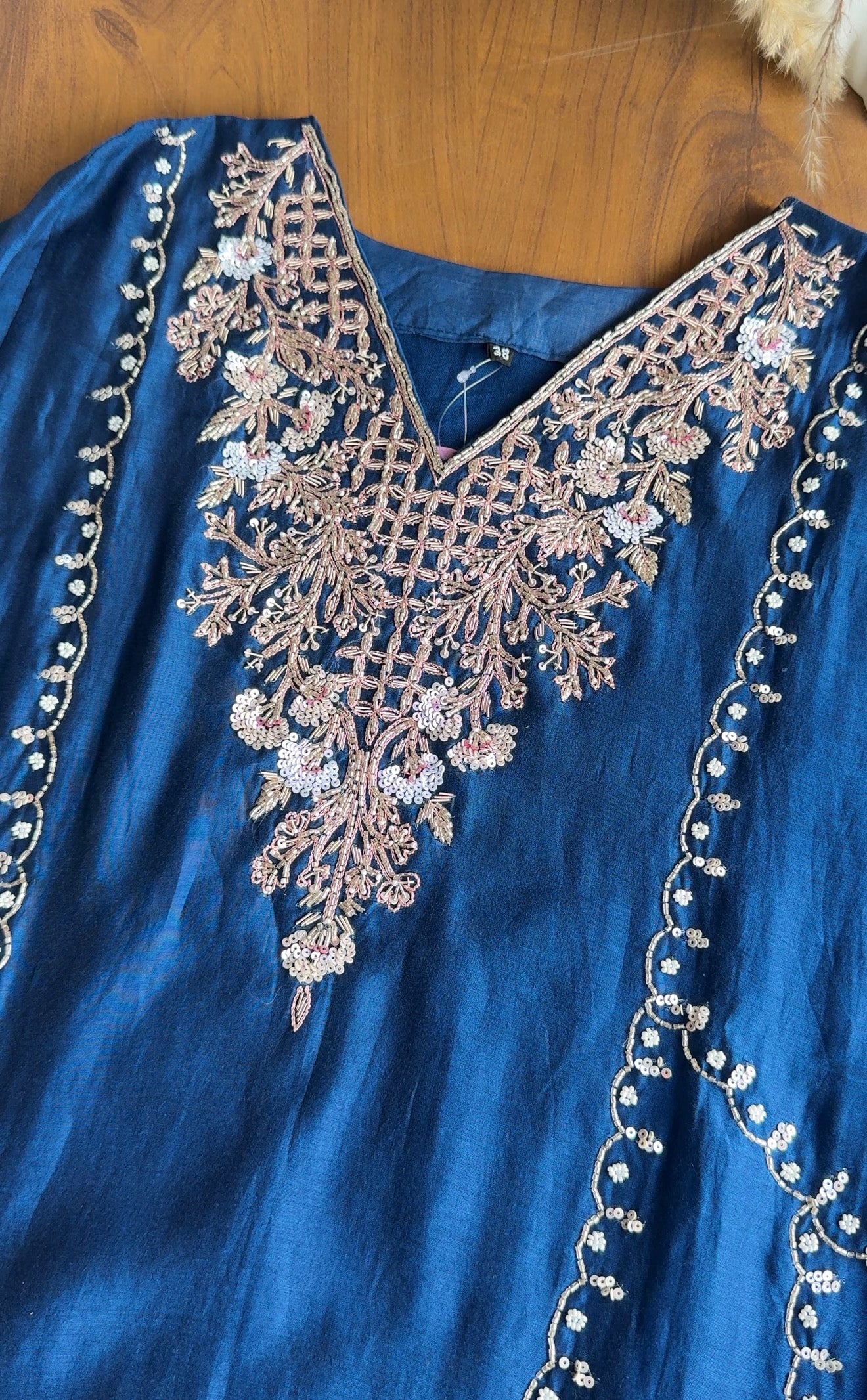 Jiya Handwork Aline Mul Chanderi Dress- Blue