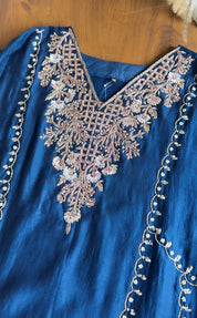 Jiya Handwork Aline Mul Chanderi Dress- Blue