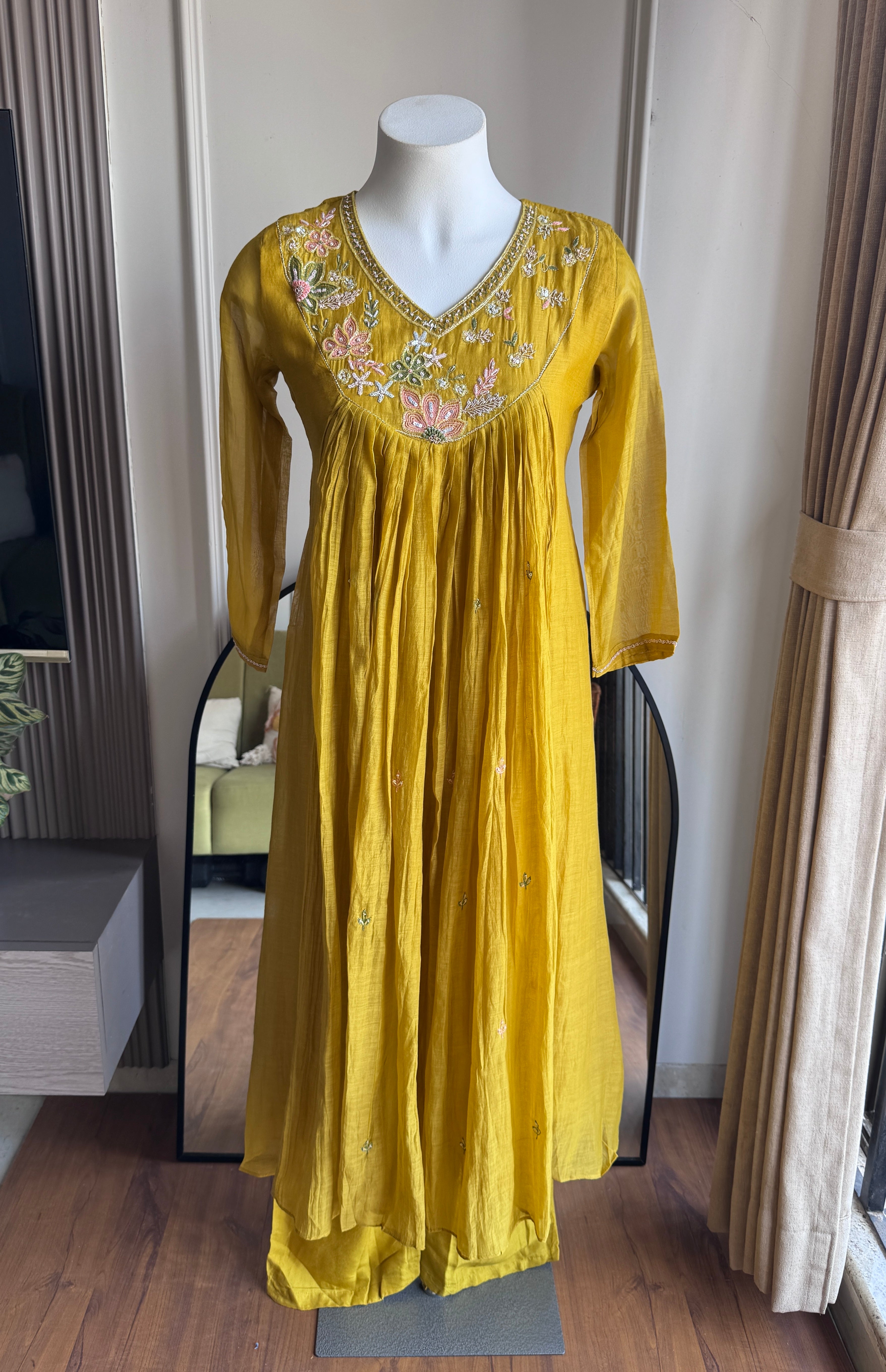 Lavnya Mul Chanderi  Hand work Dress- Yellow