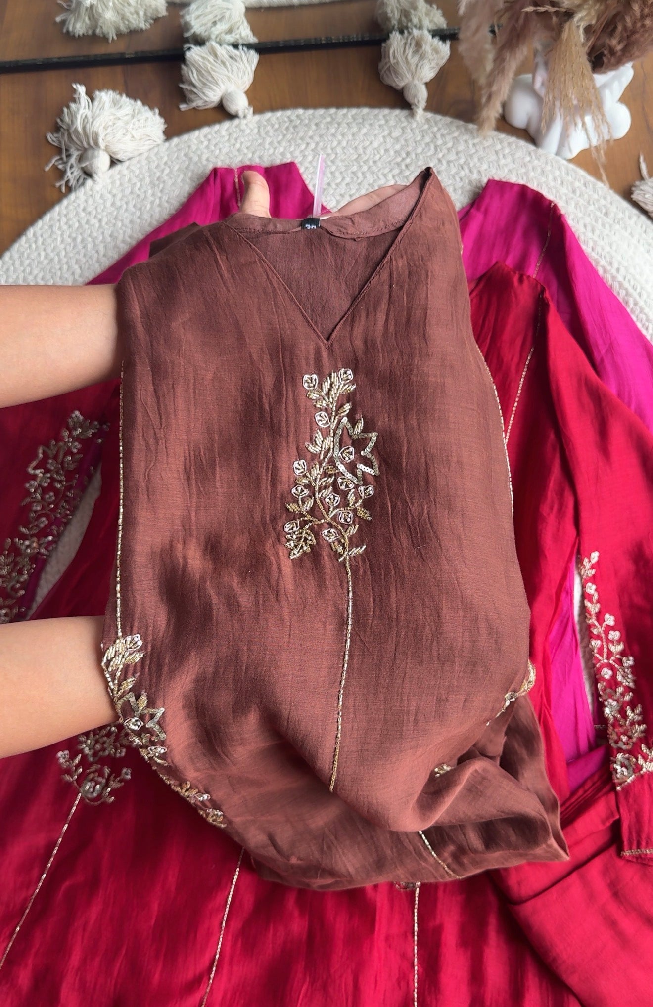 Shruti Handwork Mul Chanderi Dress - Brown