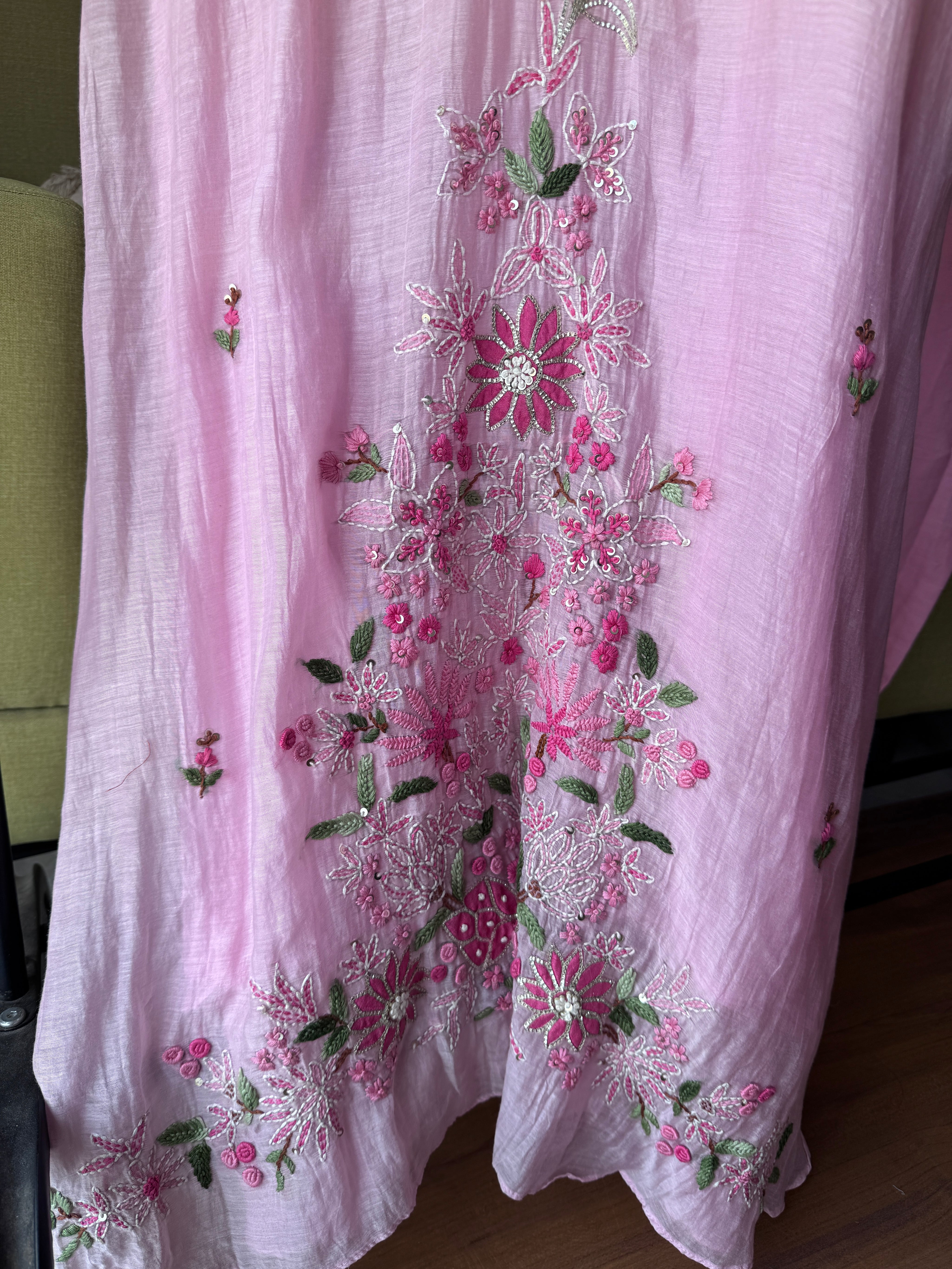 Apoorva Katha Work Mul Chanderi Dress-Baby Pink (Make to Order)